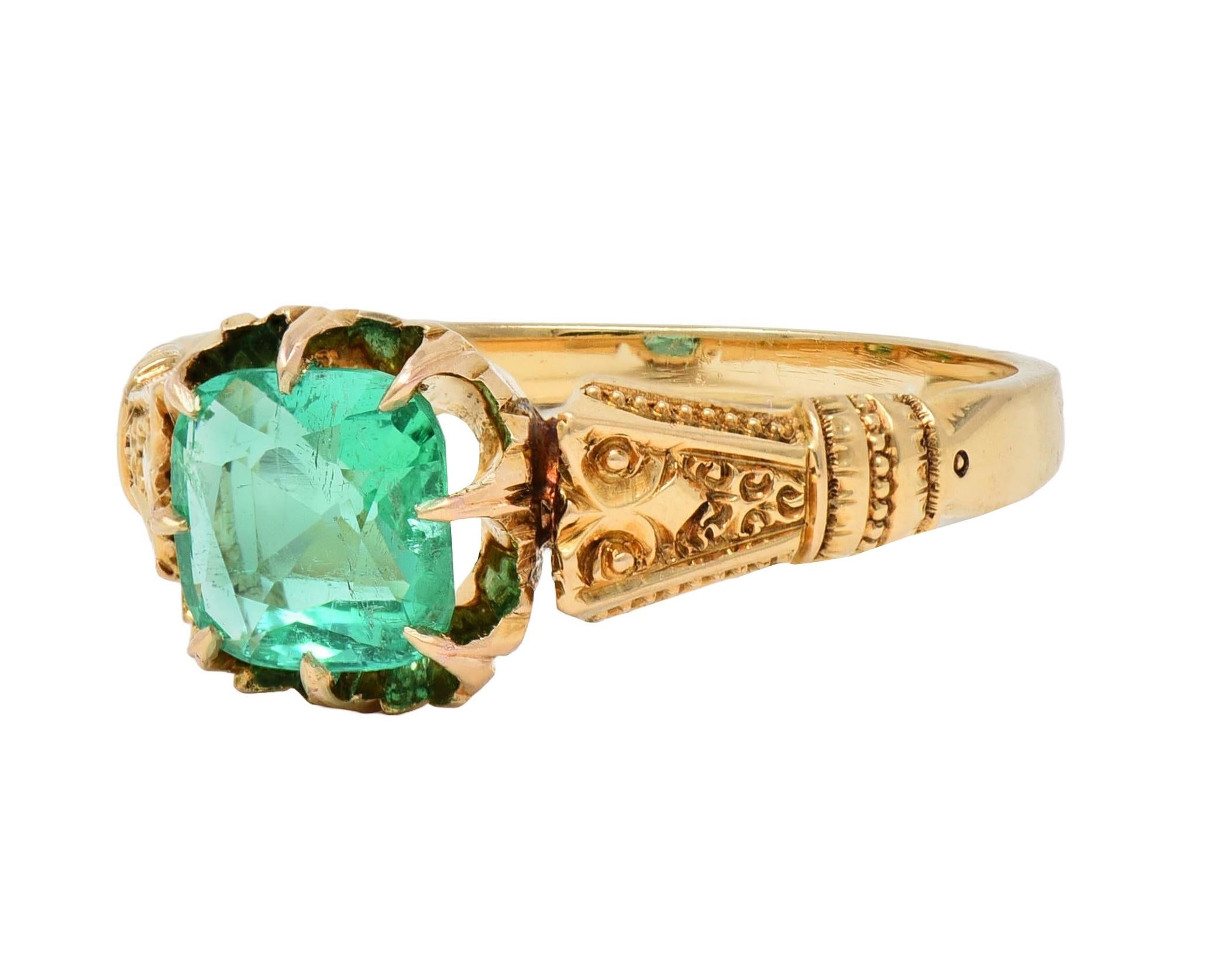 Victorian 1.20 CTW Cushion Cut Emerald 18 Karat Yellow Gold Antique Belcher Ring