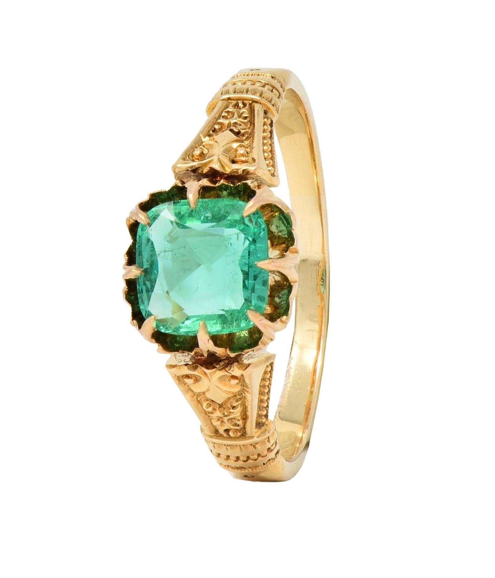 Victorian 1.20 CTW Cushion Cut Emerald 18 Karat Yellow Gold Antique Belcher Ring