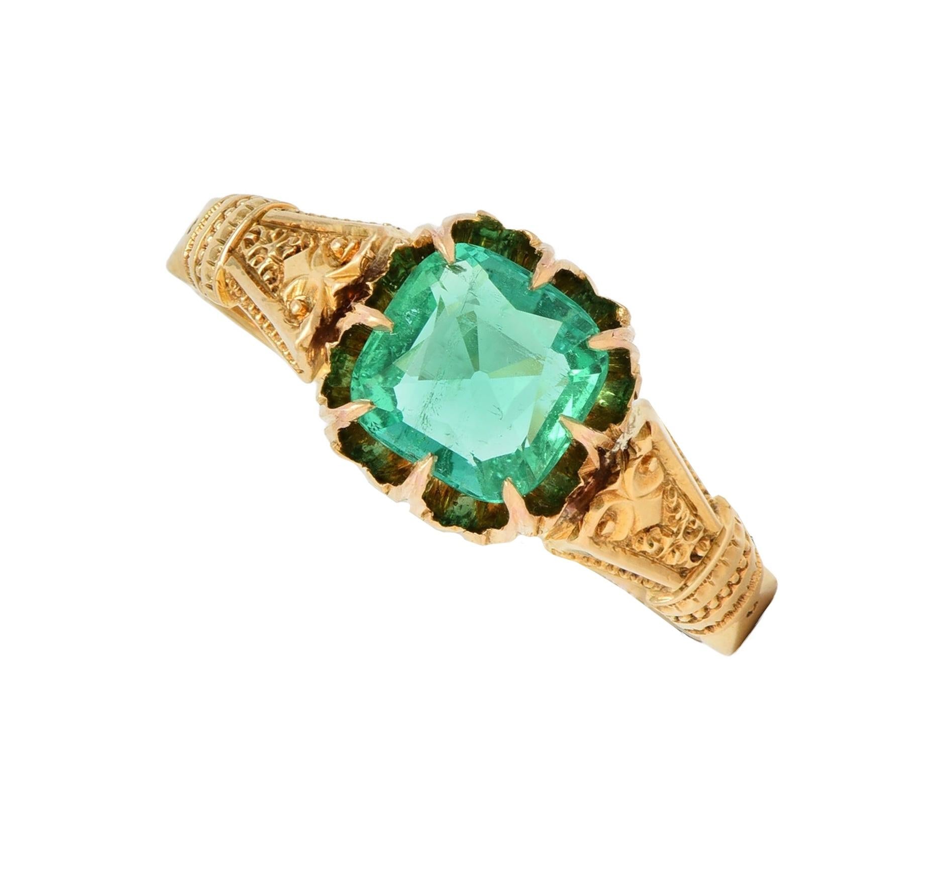 Victorian 1.20 CTW Cushion Cut Emerald 18 Karat Yellow Gold Antique Belcher Ring