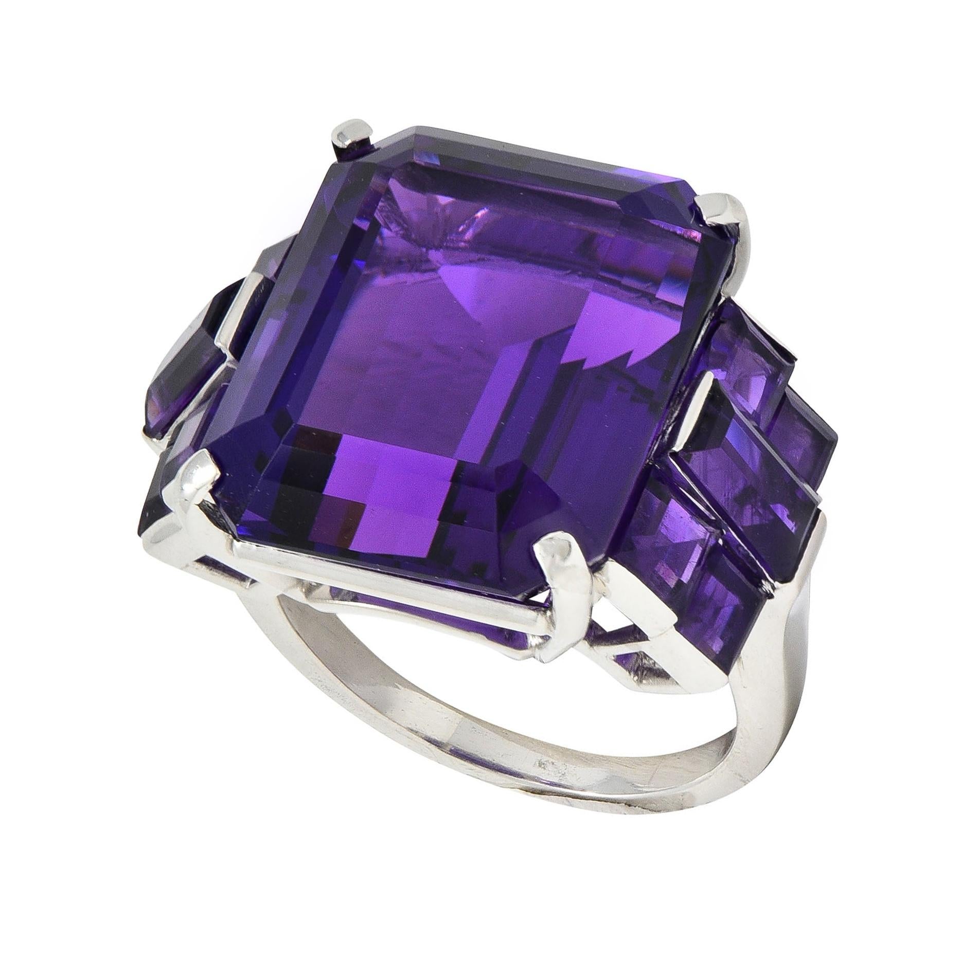 Mid-Century 22.92 CTW Amethyst Platinum Vintage Stepped Cocktail Ring