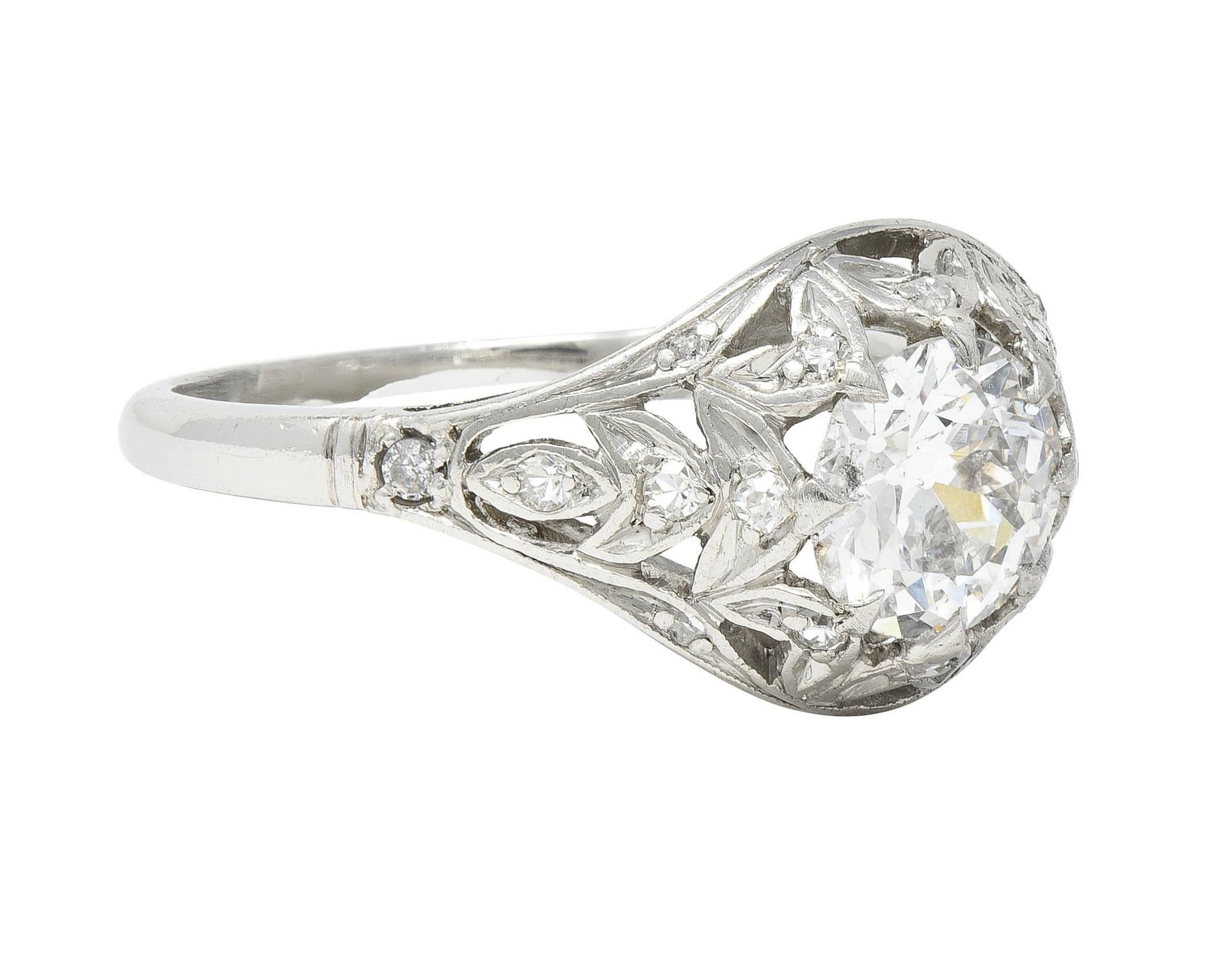 Art Deco 1.39 CTW Diamond Platinum Foliate Vintage Engagement Ring GIA