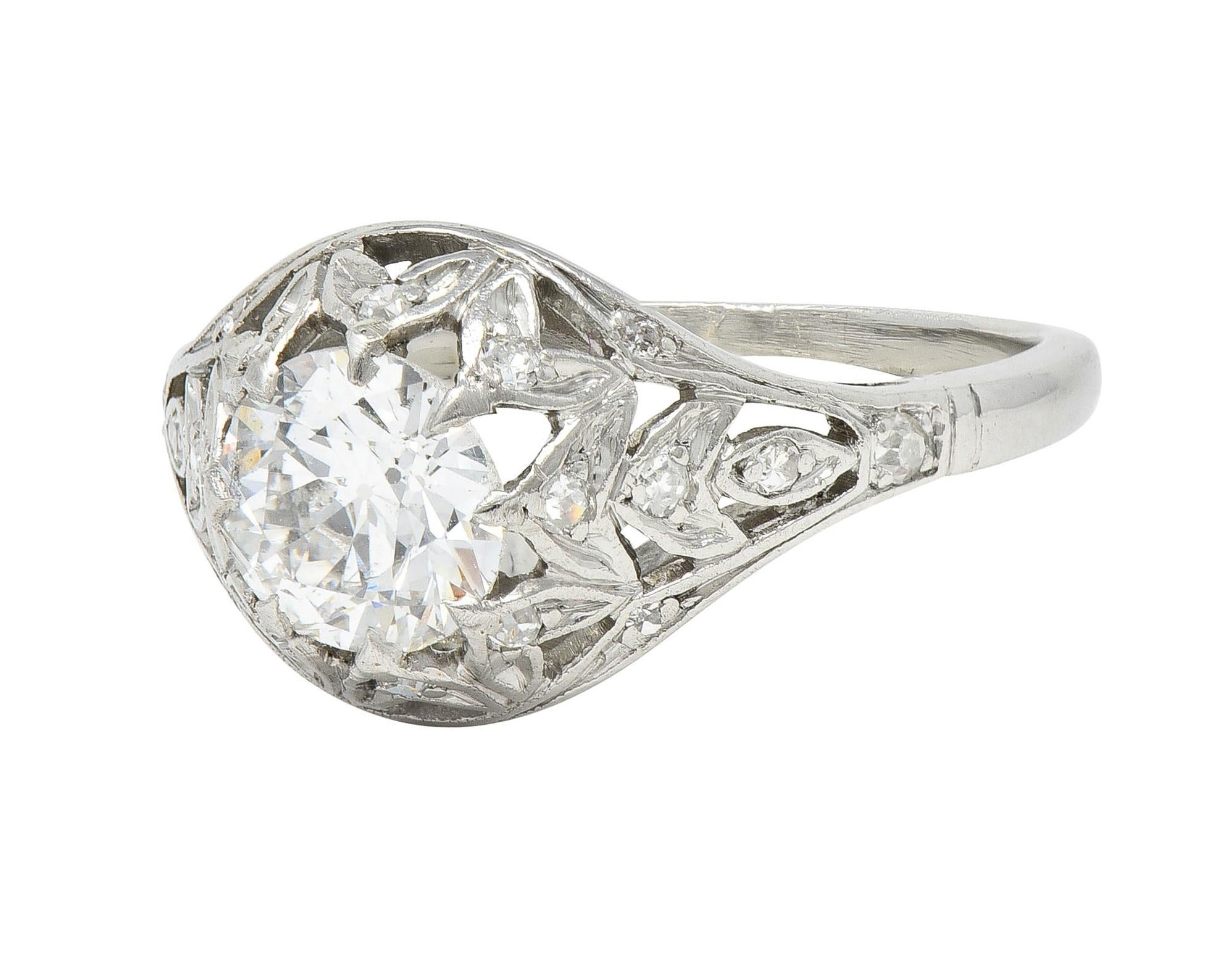 Art Deco 1.39 CTW Diamond Platinum Foliate Vintage Engagement Ring GIA