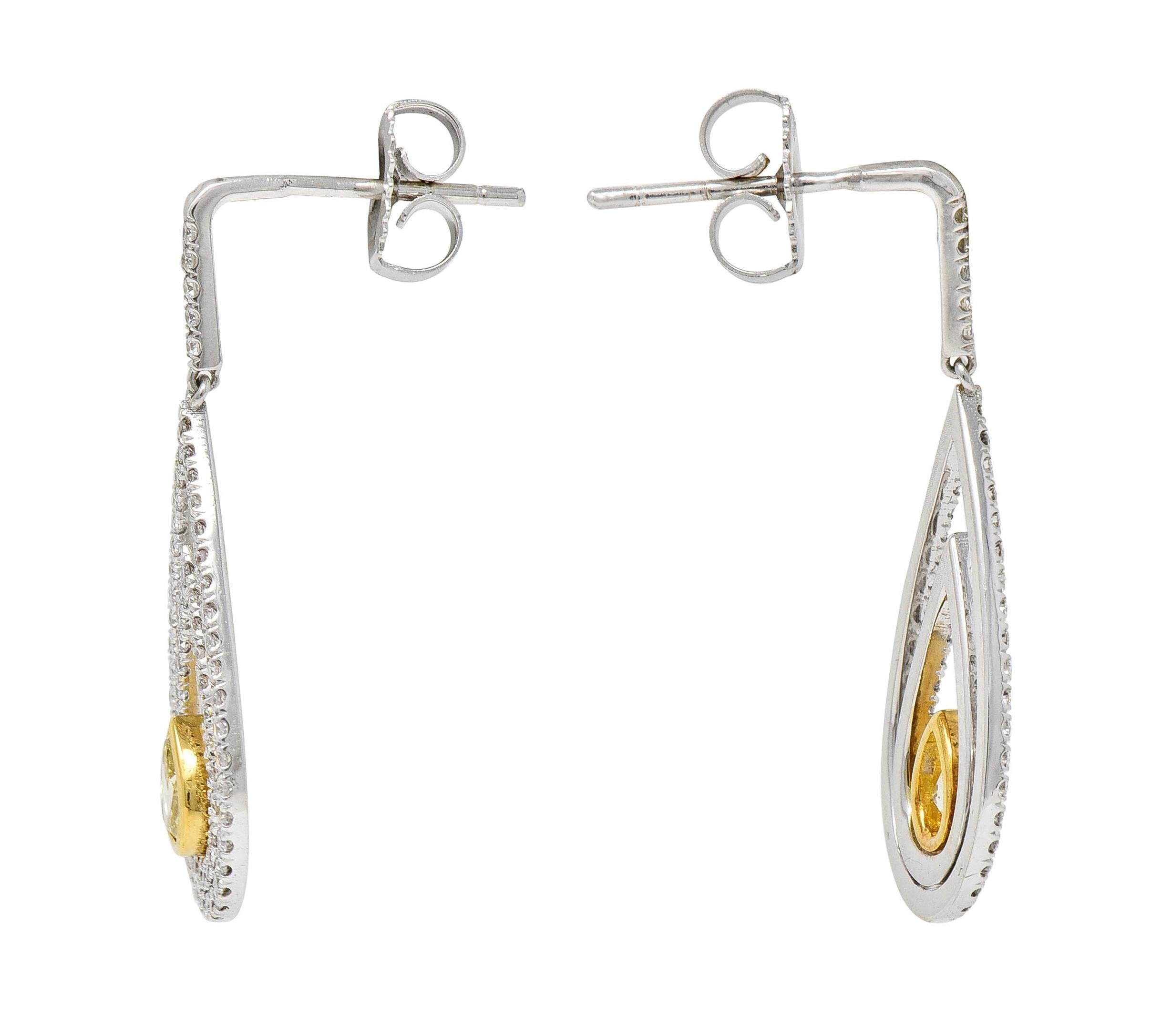 2.04 CTW Fancy Yellow Pear Cut Diamond 18 Karat Two-Tone Gold Drop Earrings