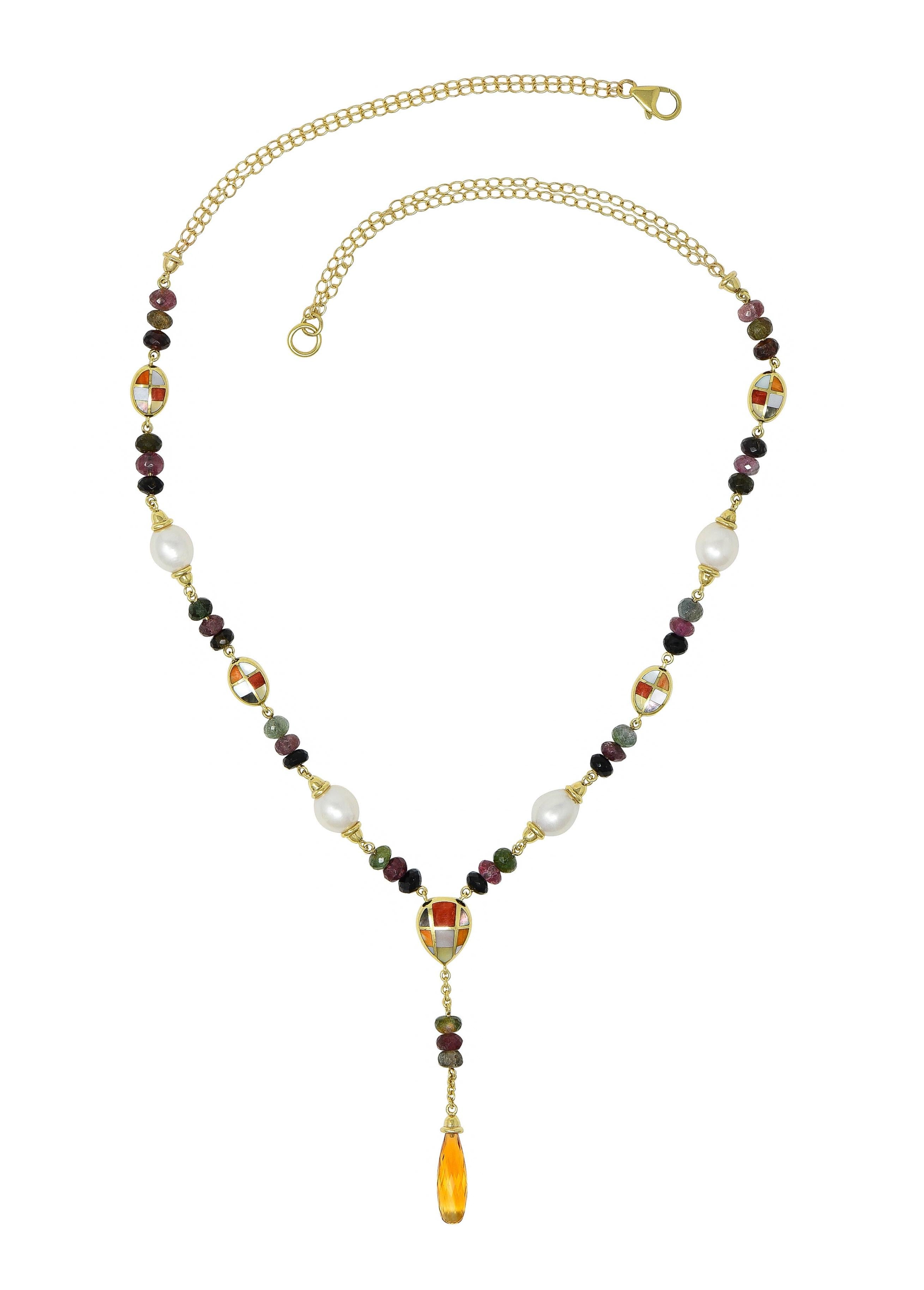 Asch Grossbardt 2000 Pearl Citrine Multi-Gem Inlay 14K Gold Lariat Drop Necklace