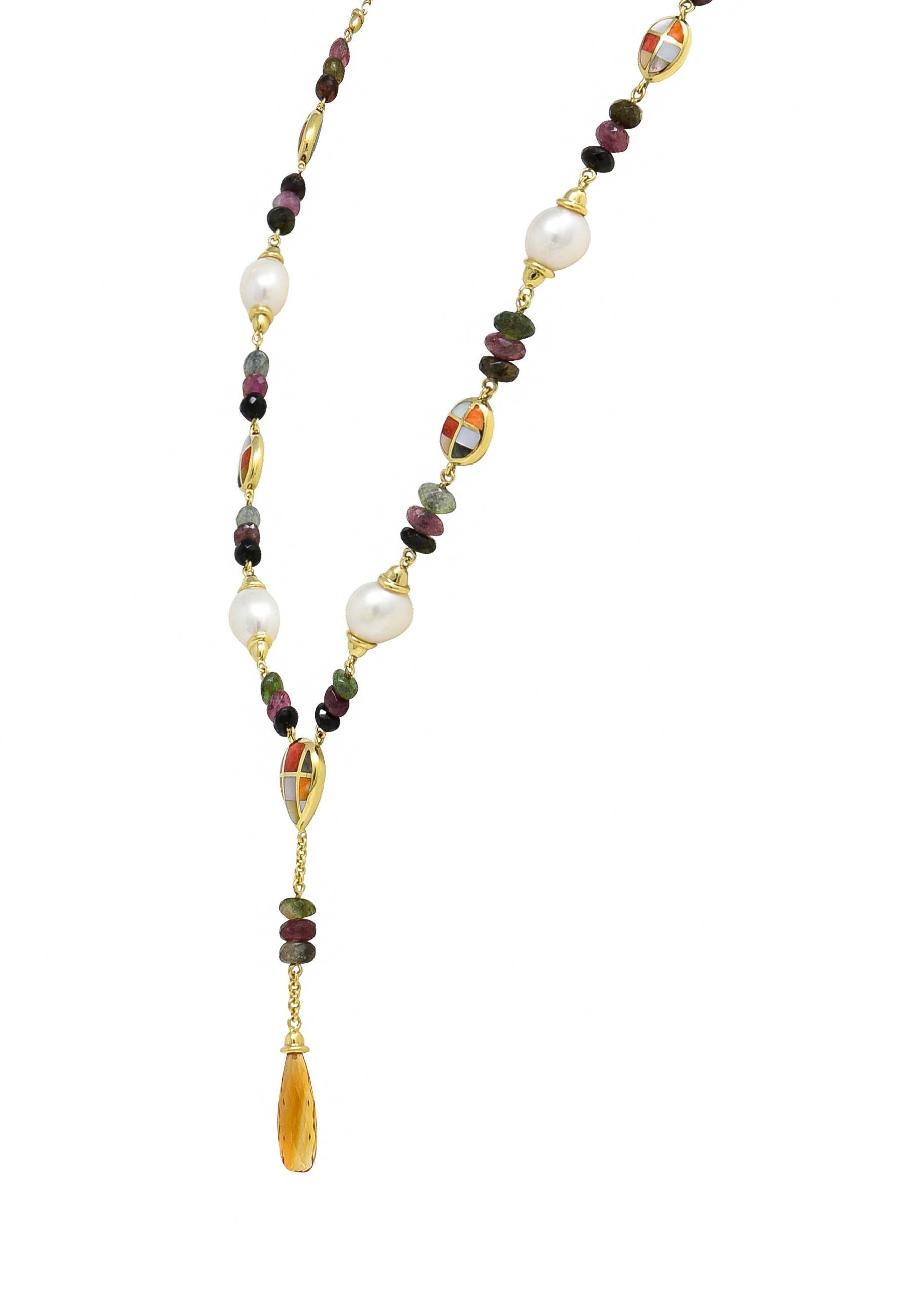 Asch Grossbardt 2000 Pearl Citrine Multi-Gem Inlay 14K Gold Lariat Drop Necklace