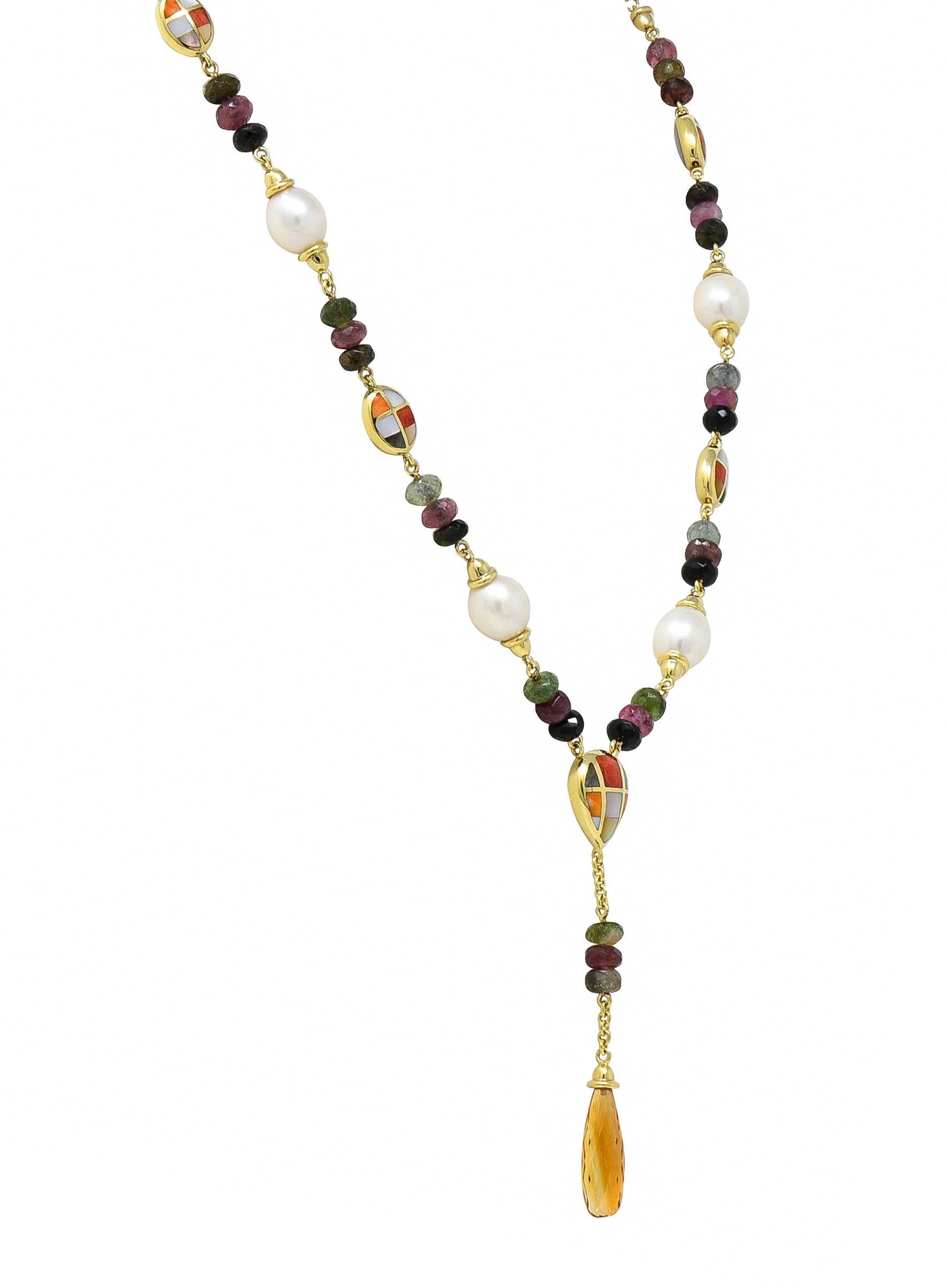 Asch Grossbardt 2000 Pearl Citrine Multi-Gem Inlay 14K Gold Lariat Drop Necklace