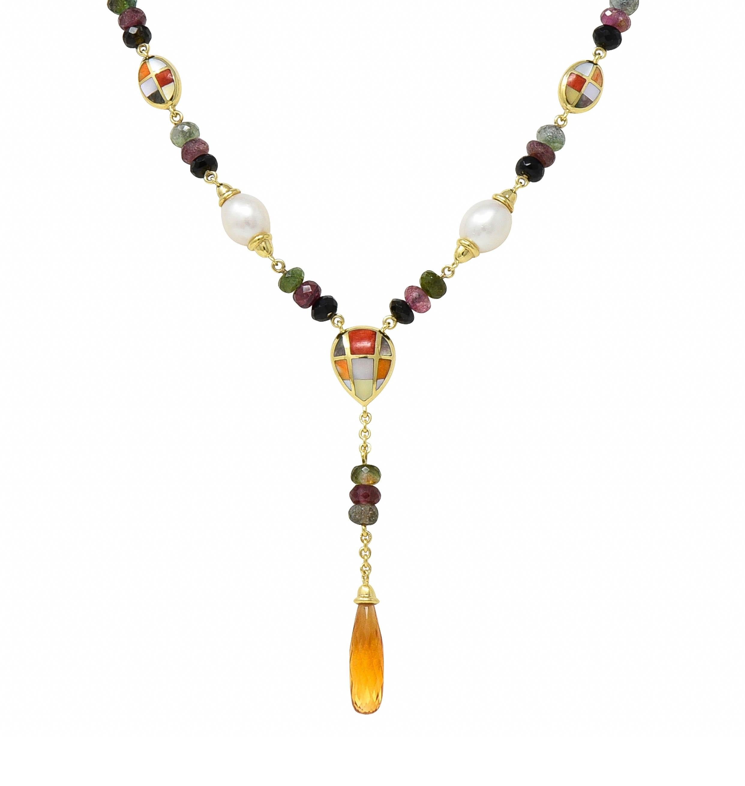 Asch Grossbardt 2000 Pearl Citrine Multi-Gem Inlay 14K Gold Lariat Drop Necklace