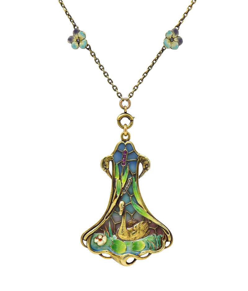 Art Nouveau Plique-A-Jour Enamel 14 Karat Gold Antique Swan Pendant Necklace