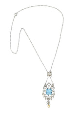 Edwardian 6.00 CTW Aquamarine Diamond Pearl Platinum 18K Gold Antique Necklace