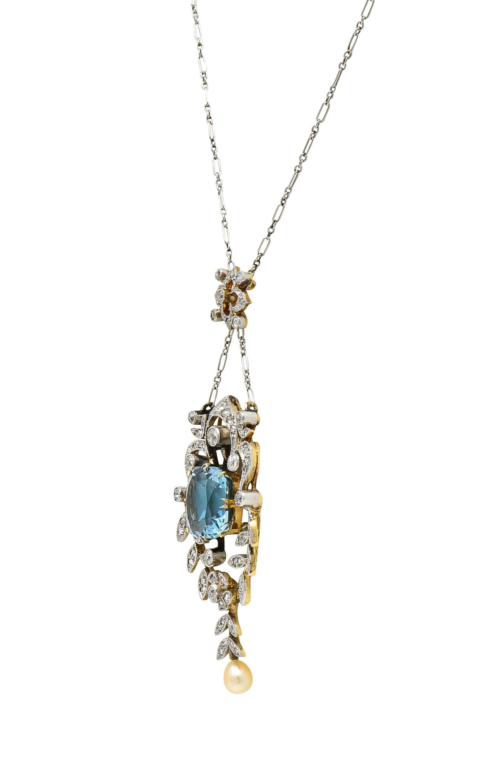 Edwardian 6.00 CTW Aquamarine Diamond Pearl Platinum 18K Gold Antique Necklace