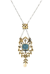 Edwardian 6.00 CTW Aquamarine Diamond Pearl Platinum 18K Gold Antique Necklace