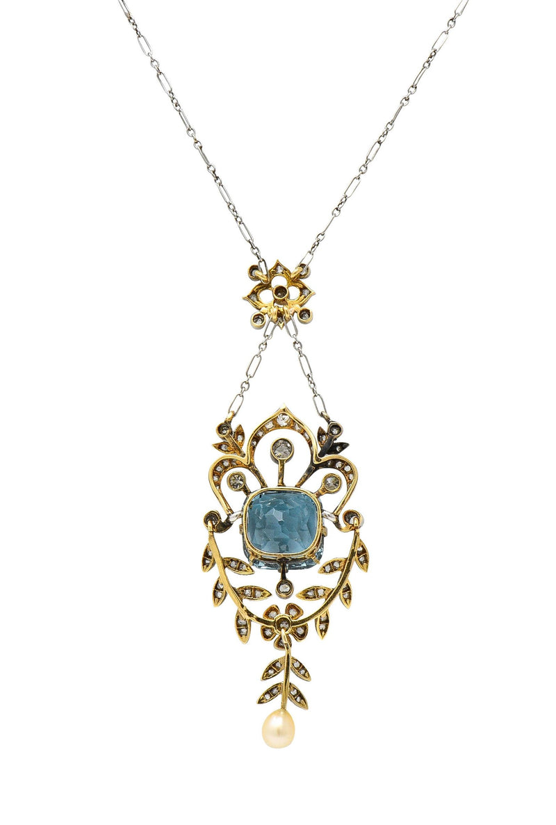 Edwardian 6.00 CTW Aquamarine Diamond Pearl Platinum 18K Gold Antique Necklace