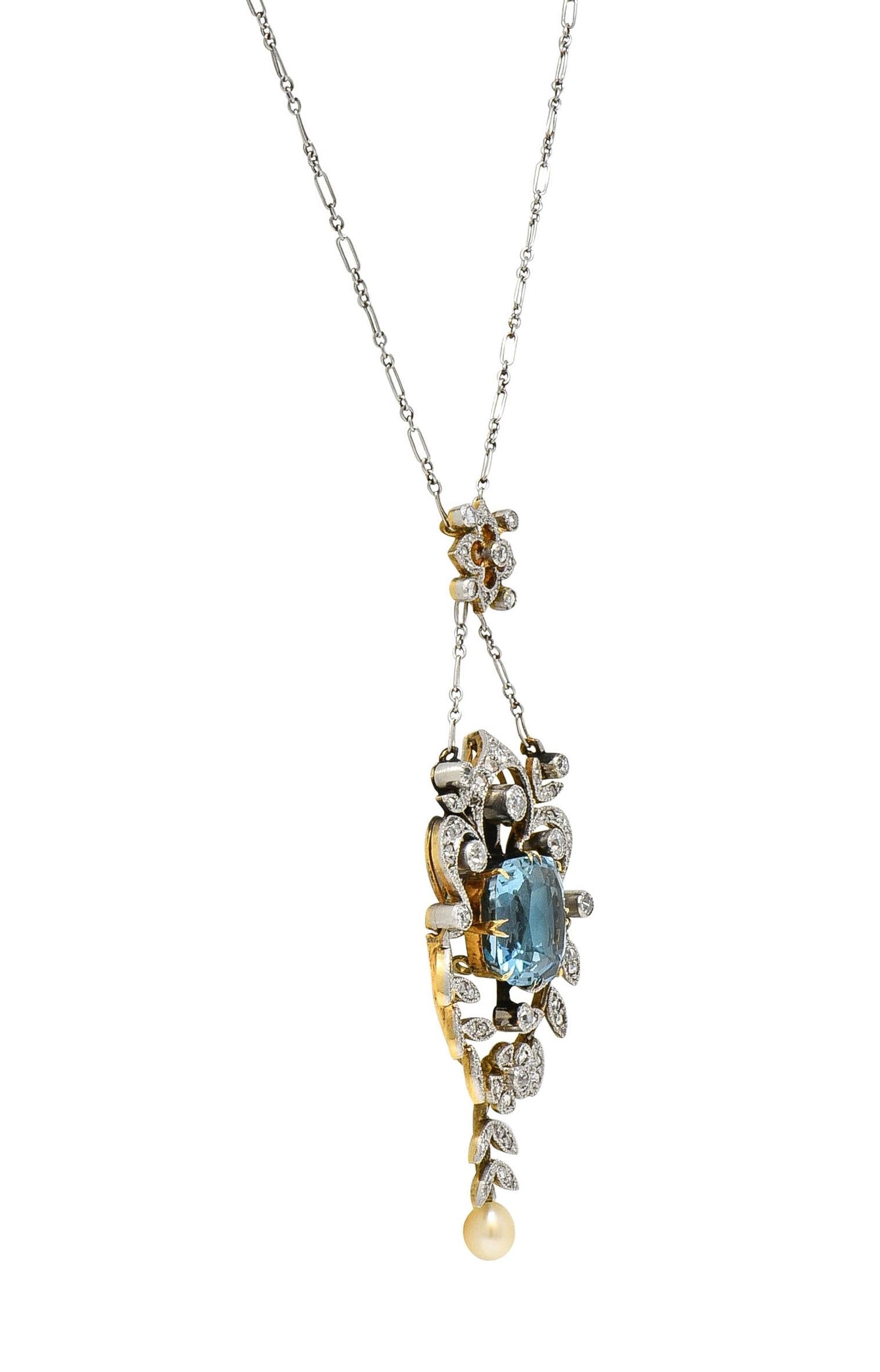 Edwardian 6.00 CTW Aquamarine Diamond Pearl Platinum 18K Gold Antique Necklace