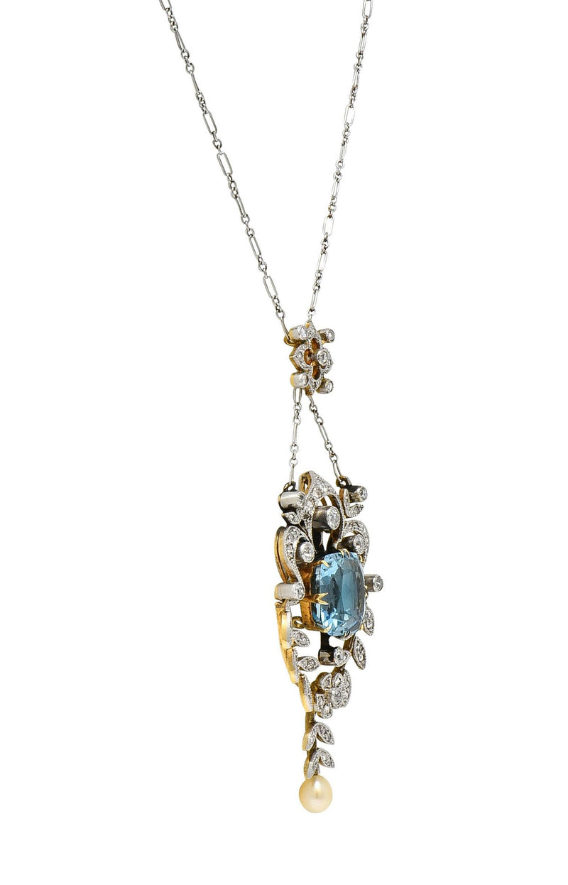 Edwardian 6.00 CTW Aquamarine Diamond Pearl Platinum 18K Gold Antique Necklace