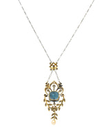 Edwardian 6.00 CTW Aquamarine Diamond Pearl Platinum 18K Gold Antique Necklace