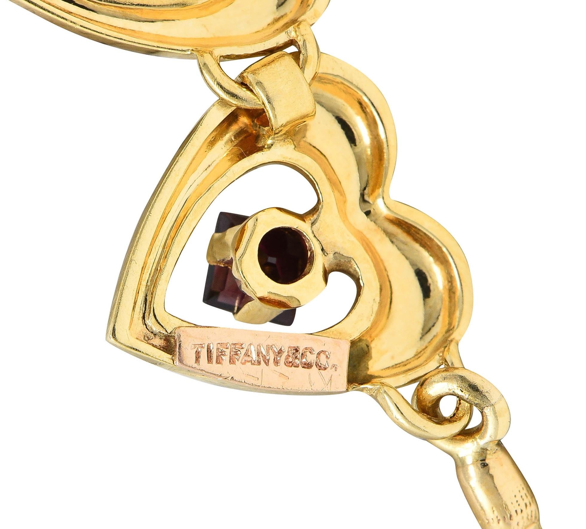 Tiffany & Co. Retro 1940's Garnet 14 Karat Yellow Gold Vintage Heart Necklace