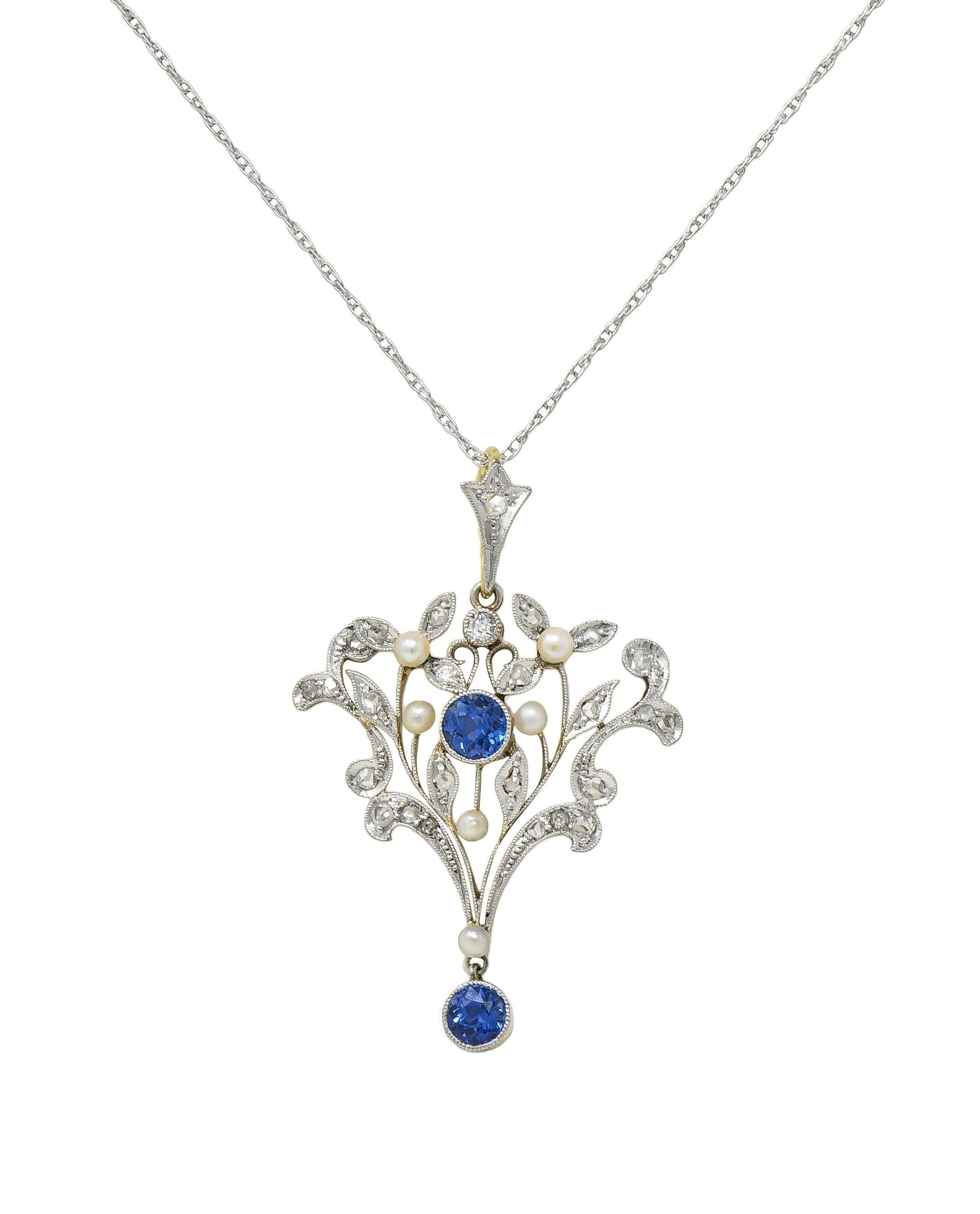 Edwardian 1.17 CTW Sapphire Diamond Platinum 14K Gold Antique Pendant Necklace