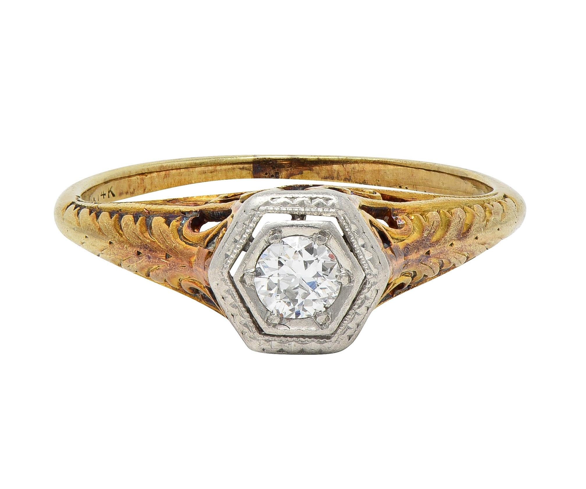 Edwardian European Diamond Platinum 14K Gold Antique Feather Engagement Ring