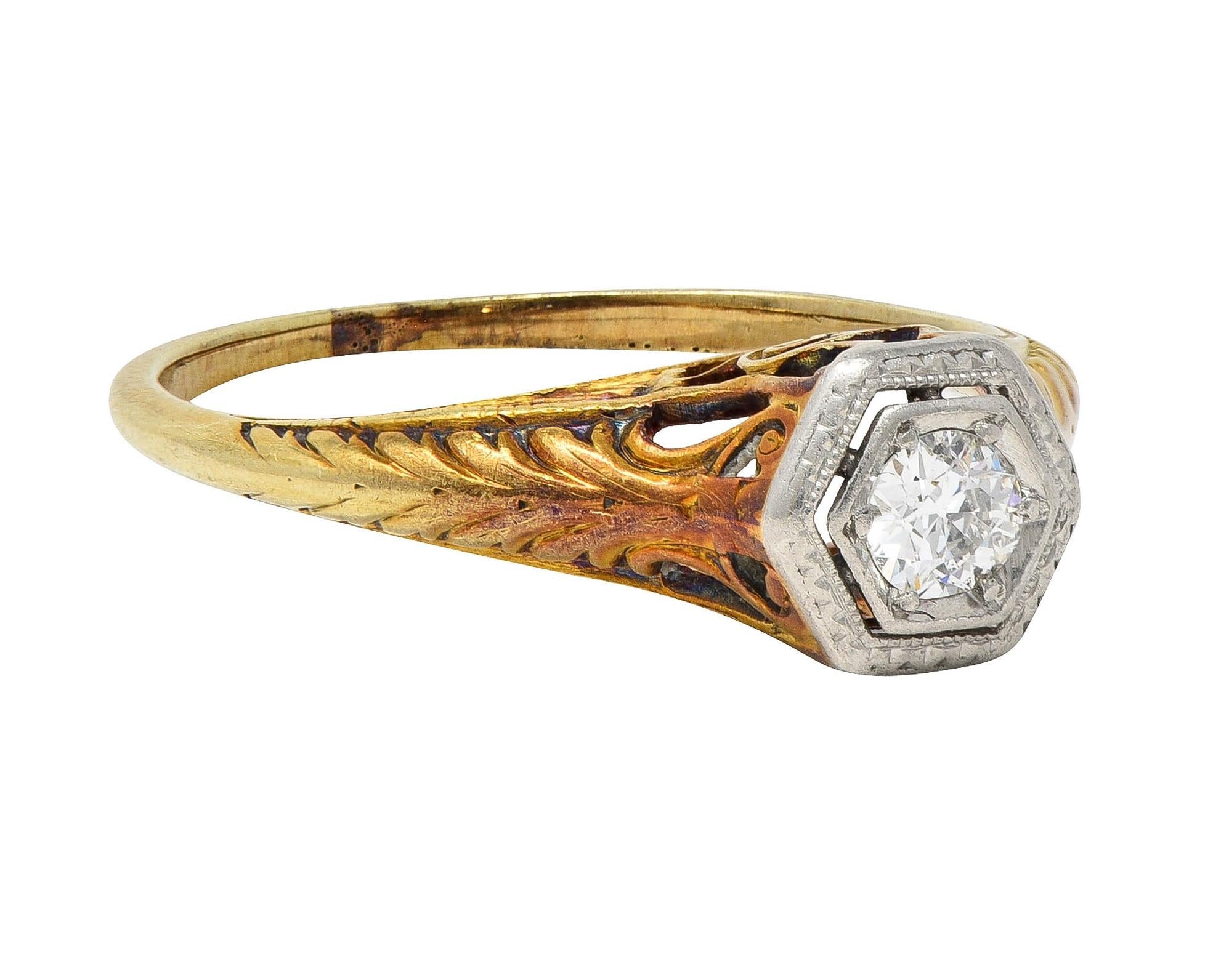 Edwardian European Diamond Platinum 14K Gold Antique Feather Engagement Ring