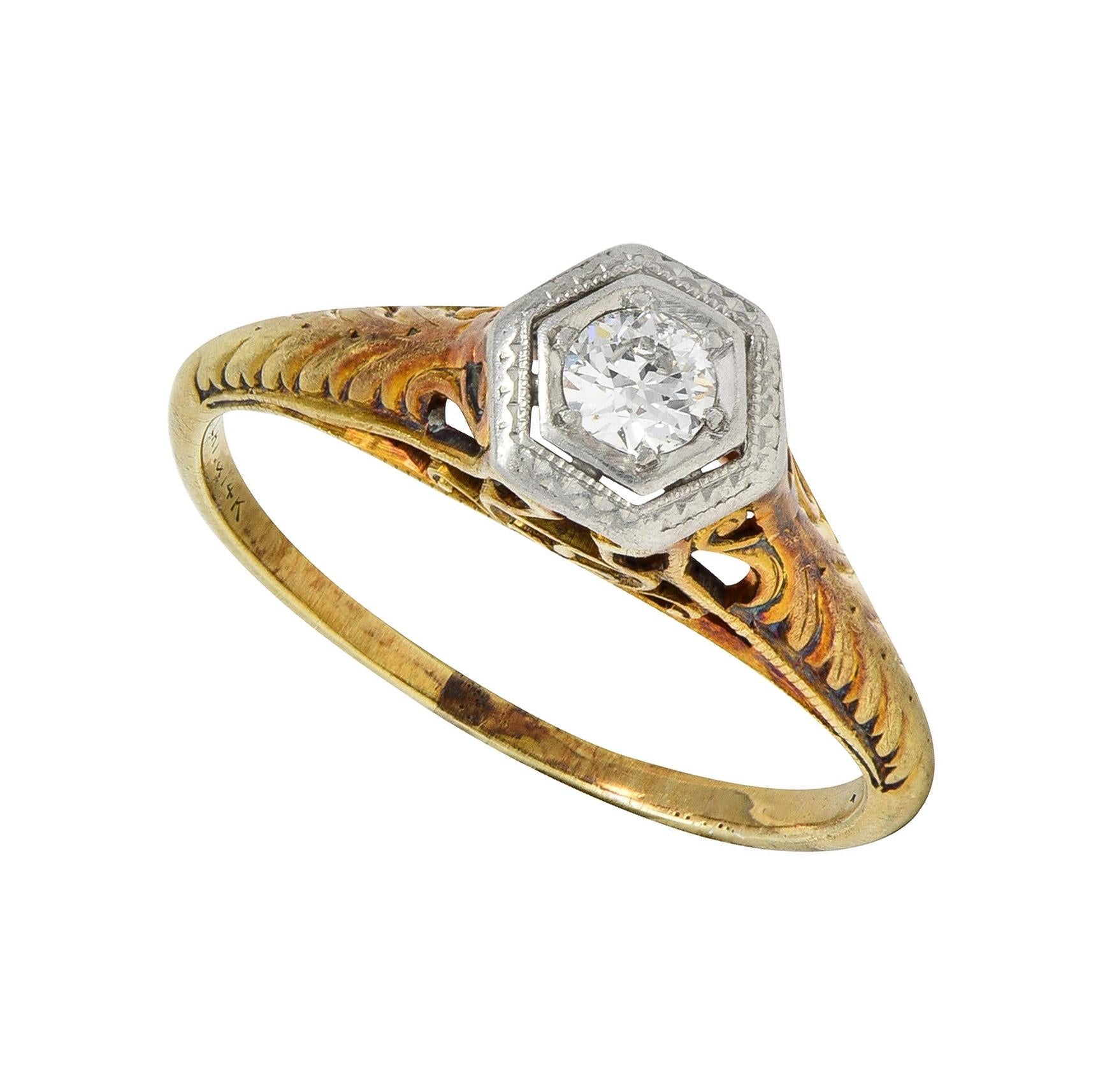 Edwardian European Diamond Platinum 14K Gold Antique Feather Engagement Ring