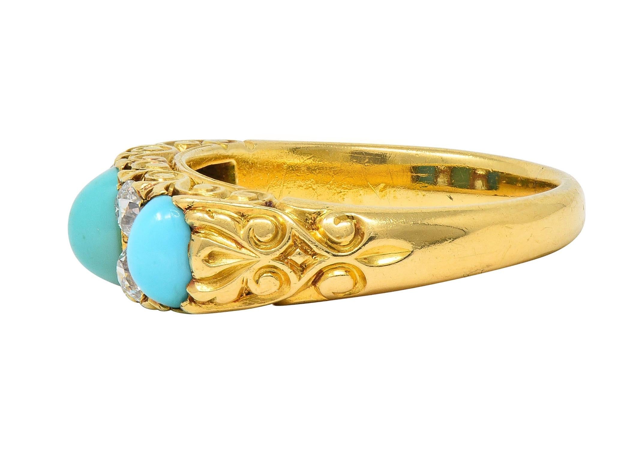 Victorian Diamond Turquoise 18 Karat Yellow Gold Scrolling Antique Band Ring