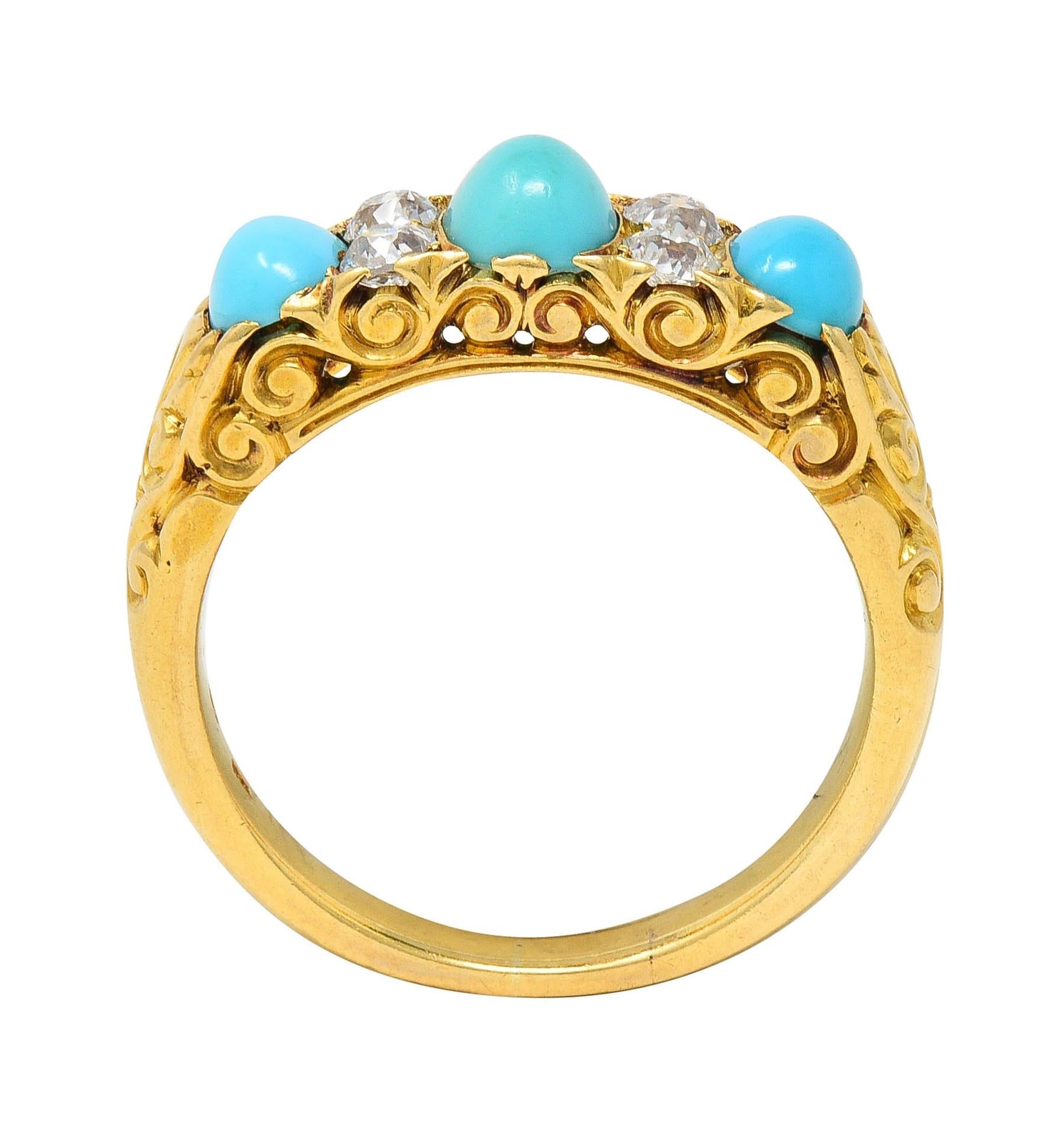 Victorian Diamond Turquoise 18 Karat Yellow Gold Scrolling Antique Band Ring