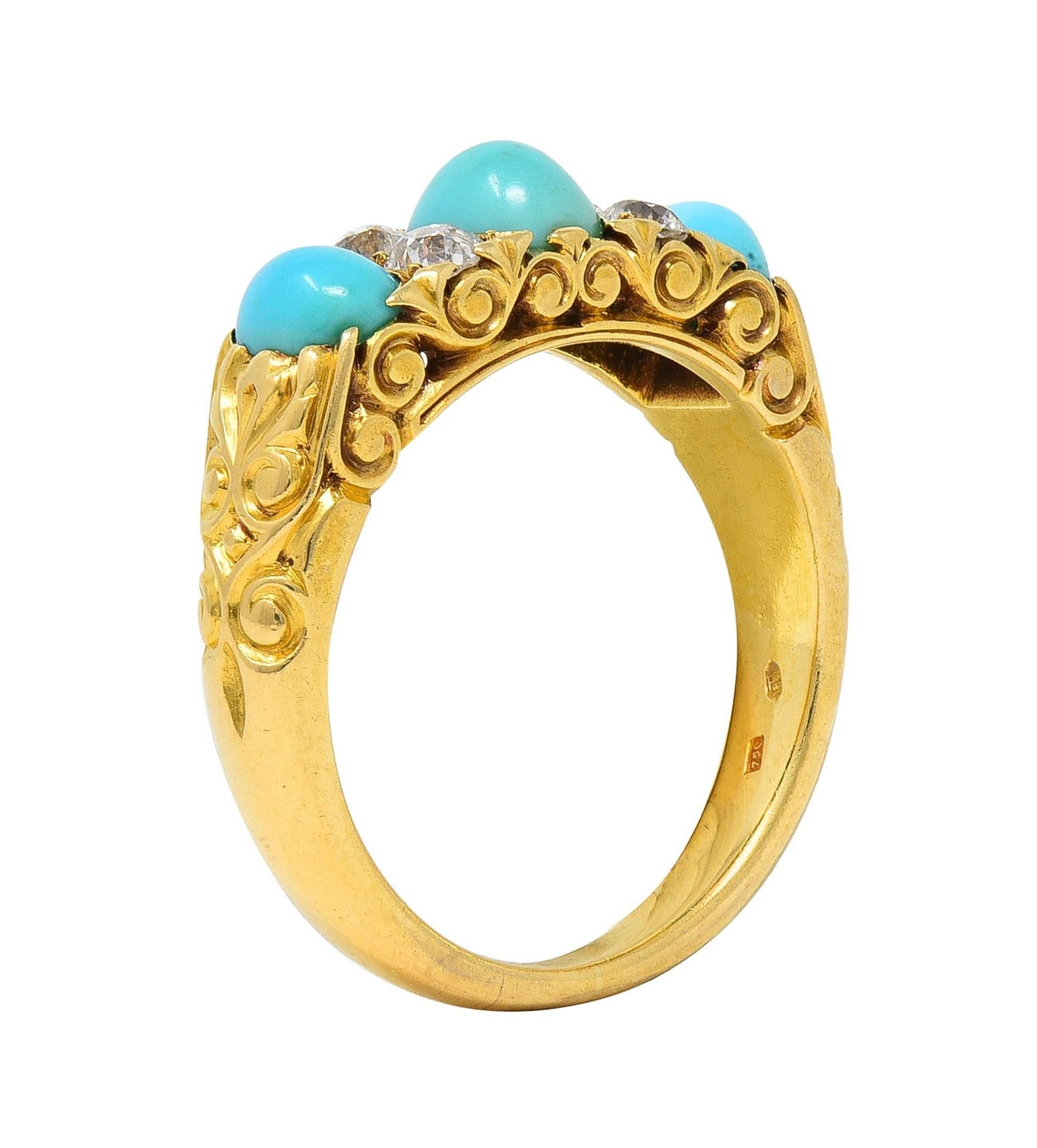 Victorian Diamond Turquoise 18 Karat Yellow Gold Scrolling Antique Band Ring