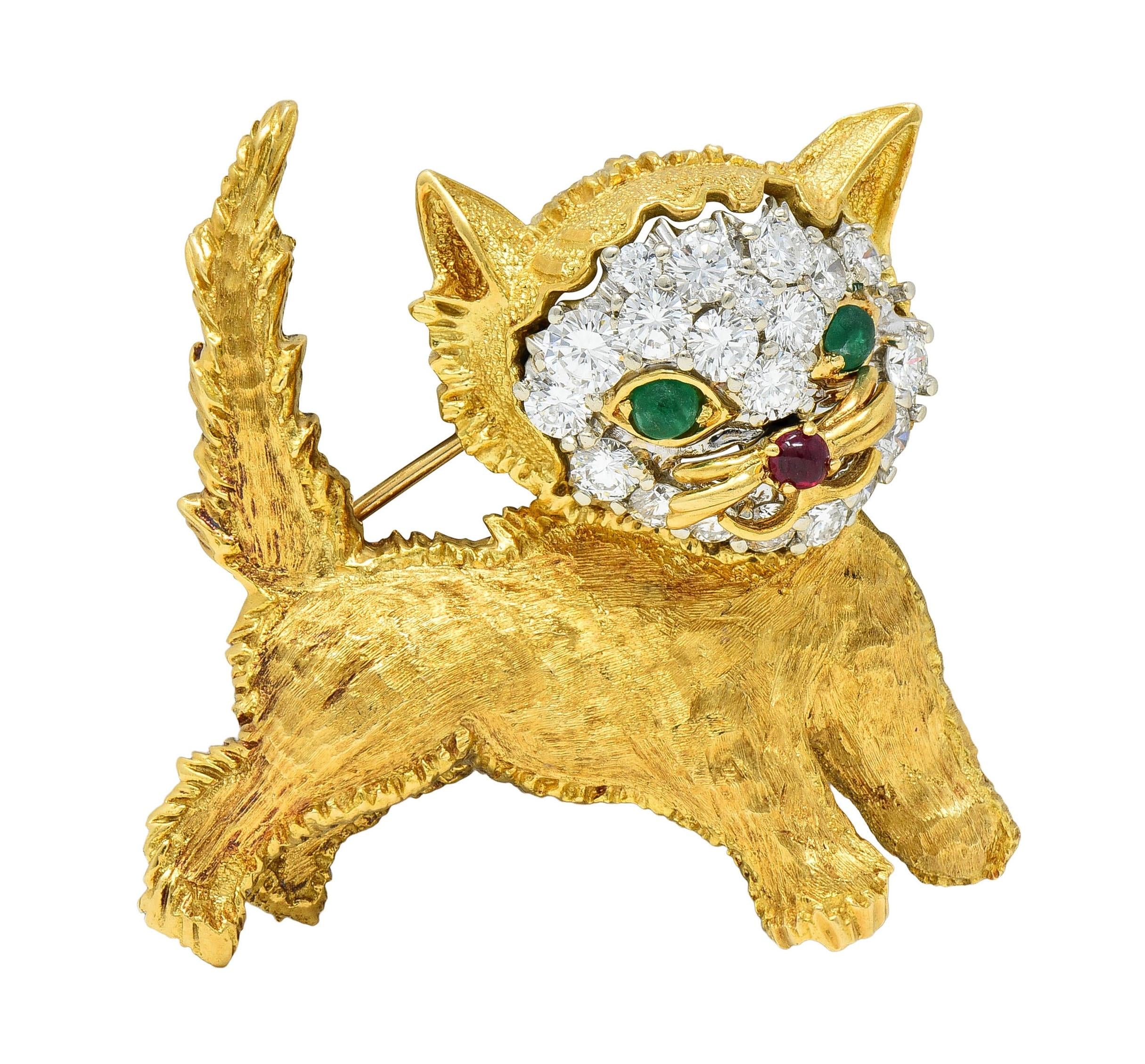 Vintage 1960's Emerald Ruby Diamond 18 Karat Two-Tone Gold Kitten Cat Brooch