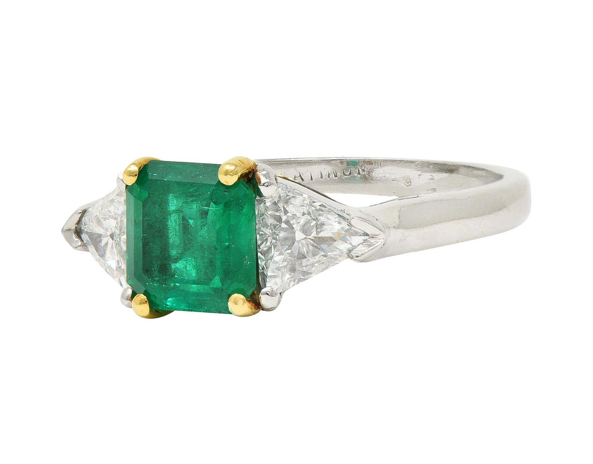 Mid-Century 1.60 CTW Colombian Emerald Diamond Platinum 18 Karat Gold Ring GIA