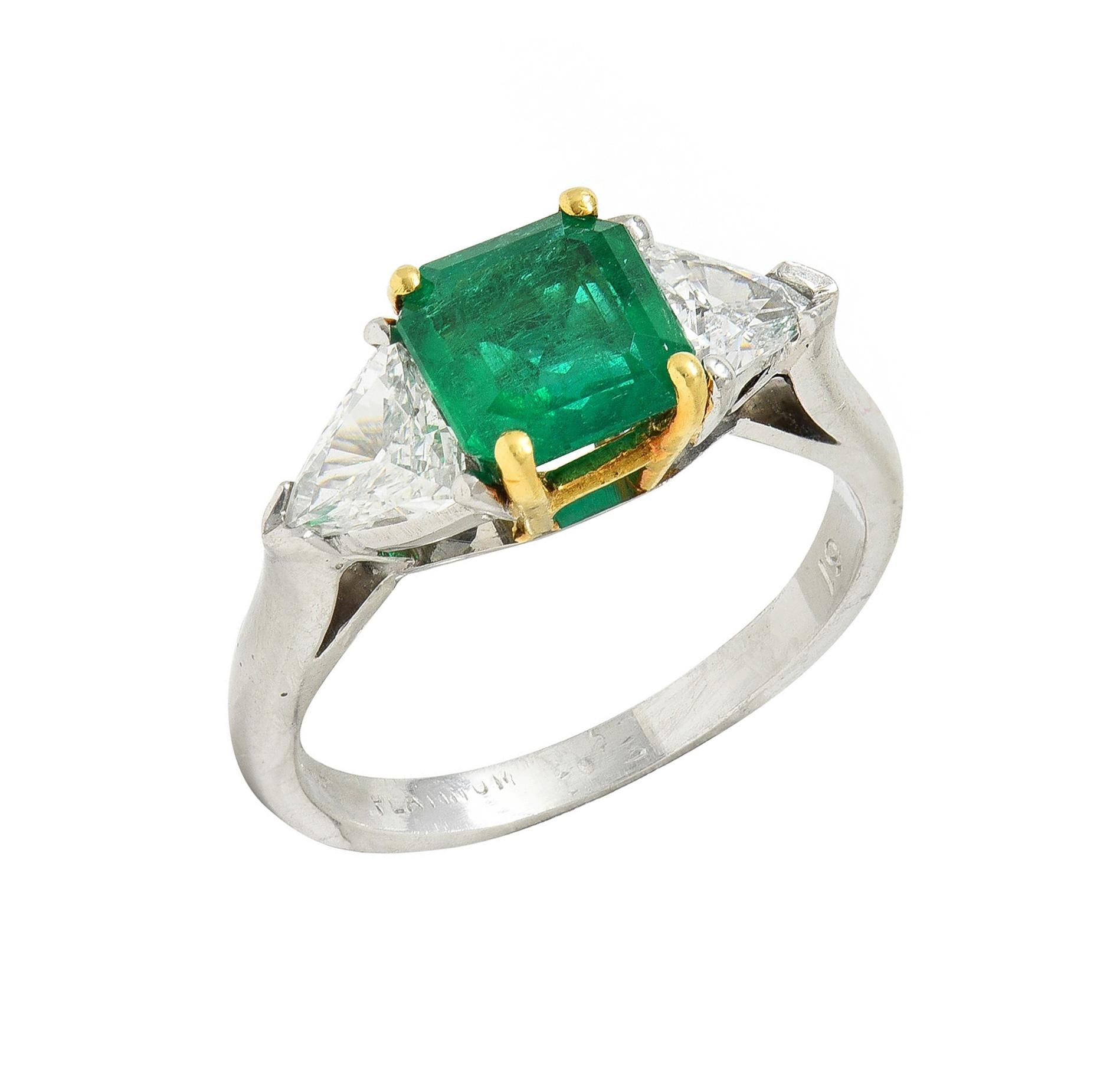 Mid-Century 1.60 CTW Colombian Emerald Diamond Platinum 18 Karat Gold Ring GIA