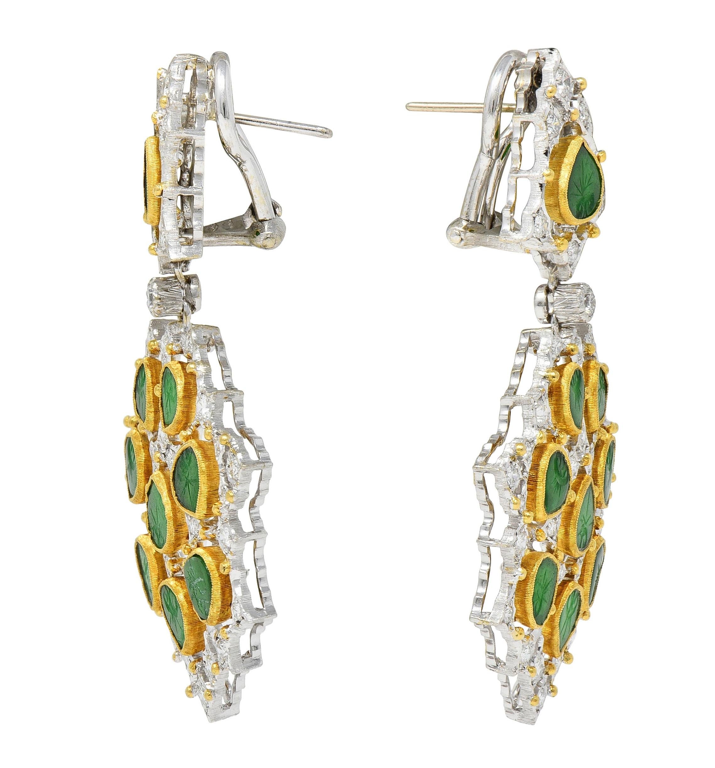 Gianmaria Buccellati 18 Karat Gold Vintage Diamond Carved Jade Drop Earrings