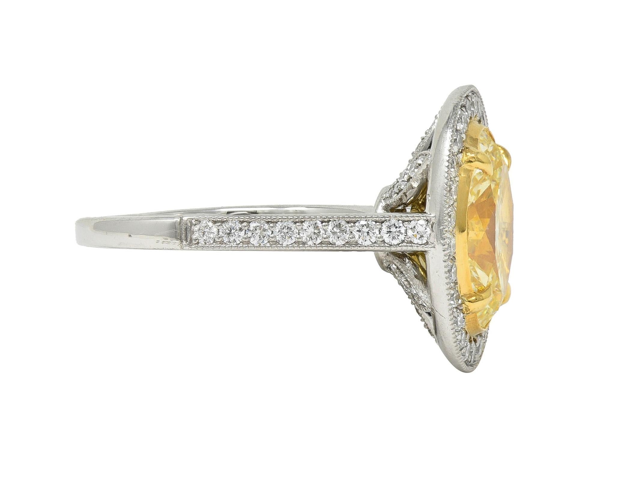 Contemporary 2.72 CTW Yellow Diamond Platinum 18 Karat Gold Halo Ring GIA