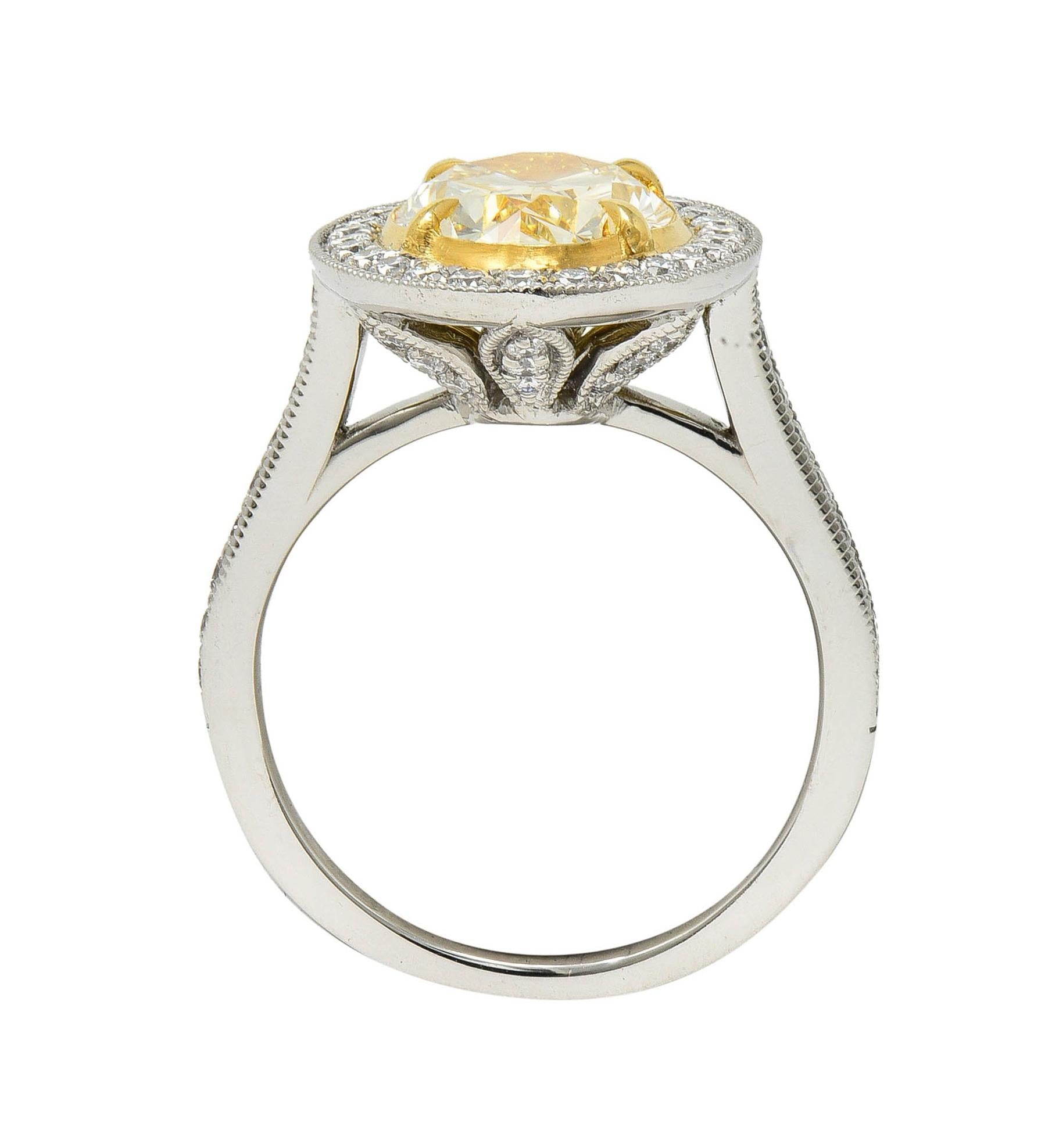 Contemporary 2.72 CTW Yellow Diamond Platinum 18 Karat Gold Halo Ring GIA