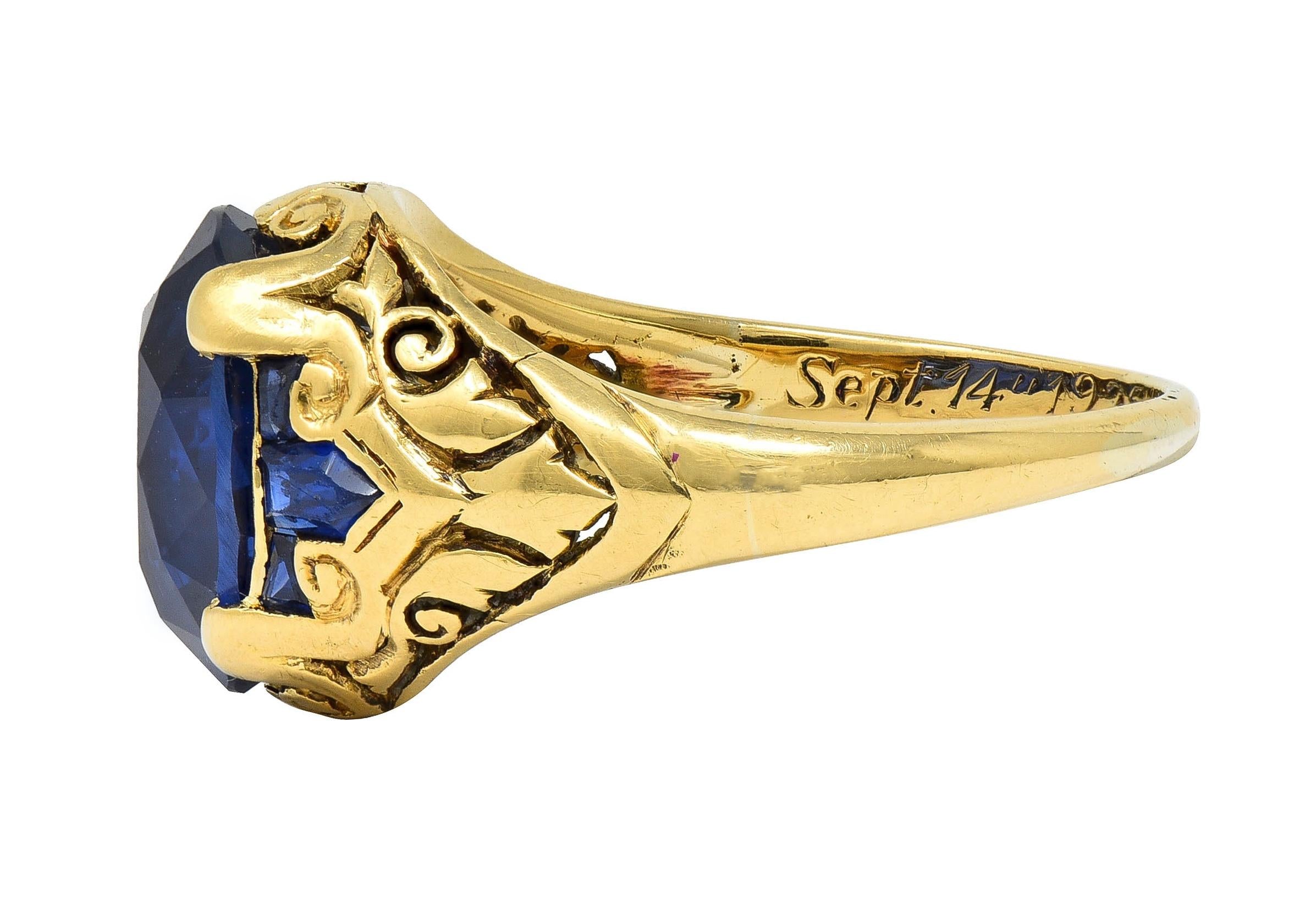 1925 Art Deco 6.57 CTW No Heat Burma Sapphire 14K Gold Antique Scroll Ring AGL