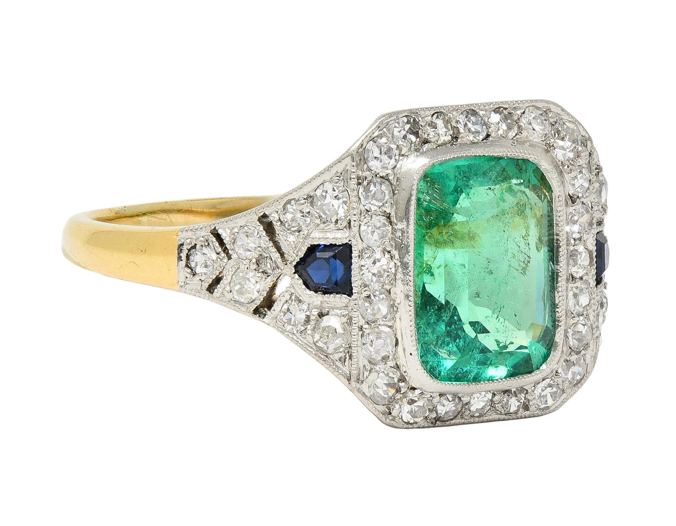 French Art Deco 1920 2.61 CTW Emerald Diamond Platinum 18K Gold Antique Ring