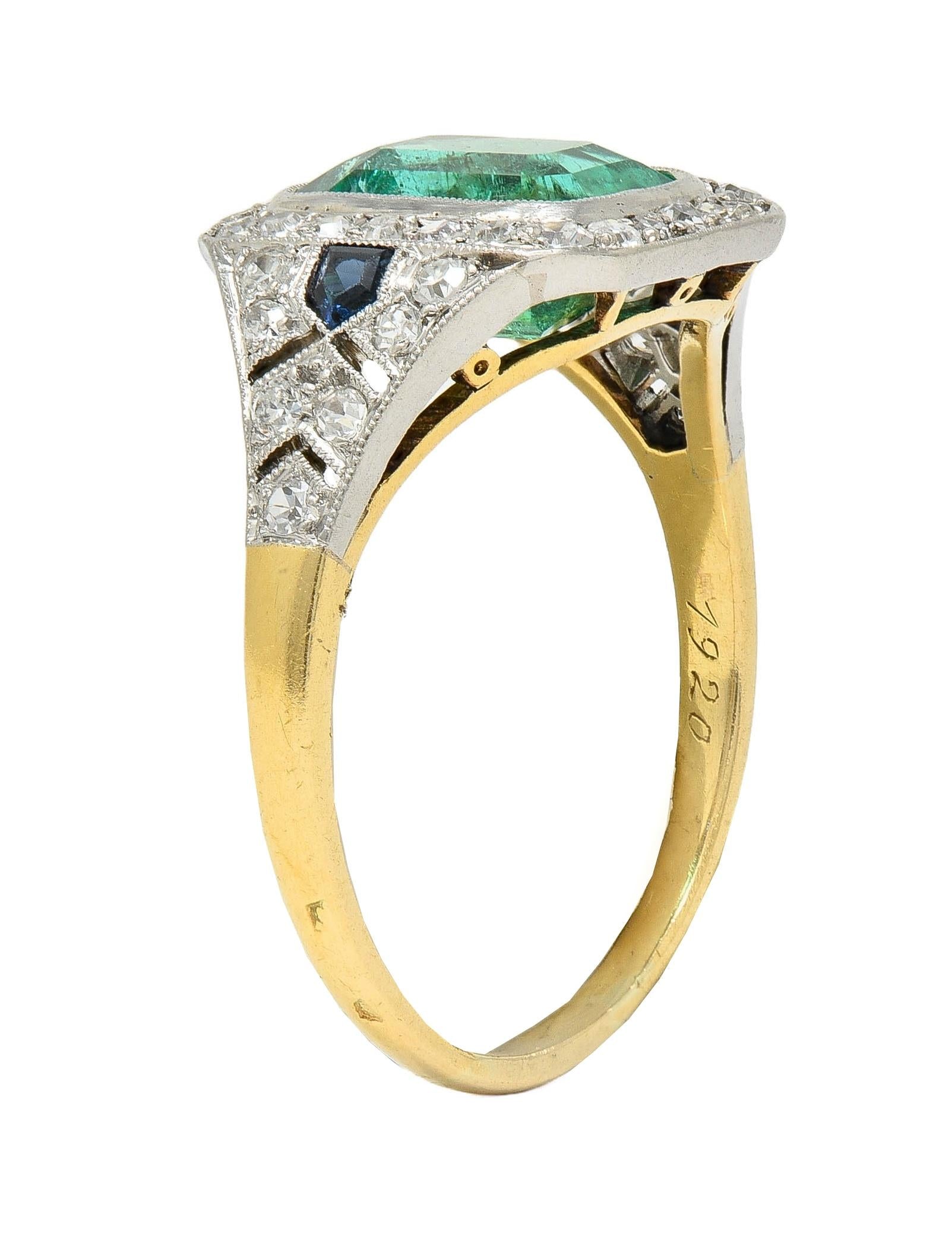 French Art Deco 1920 2.61 CTW Emerald Diamond Platinum 18K Gold Antique Ring