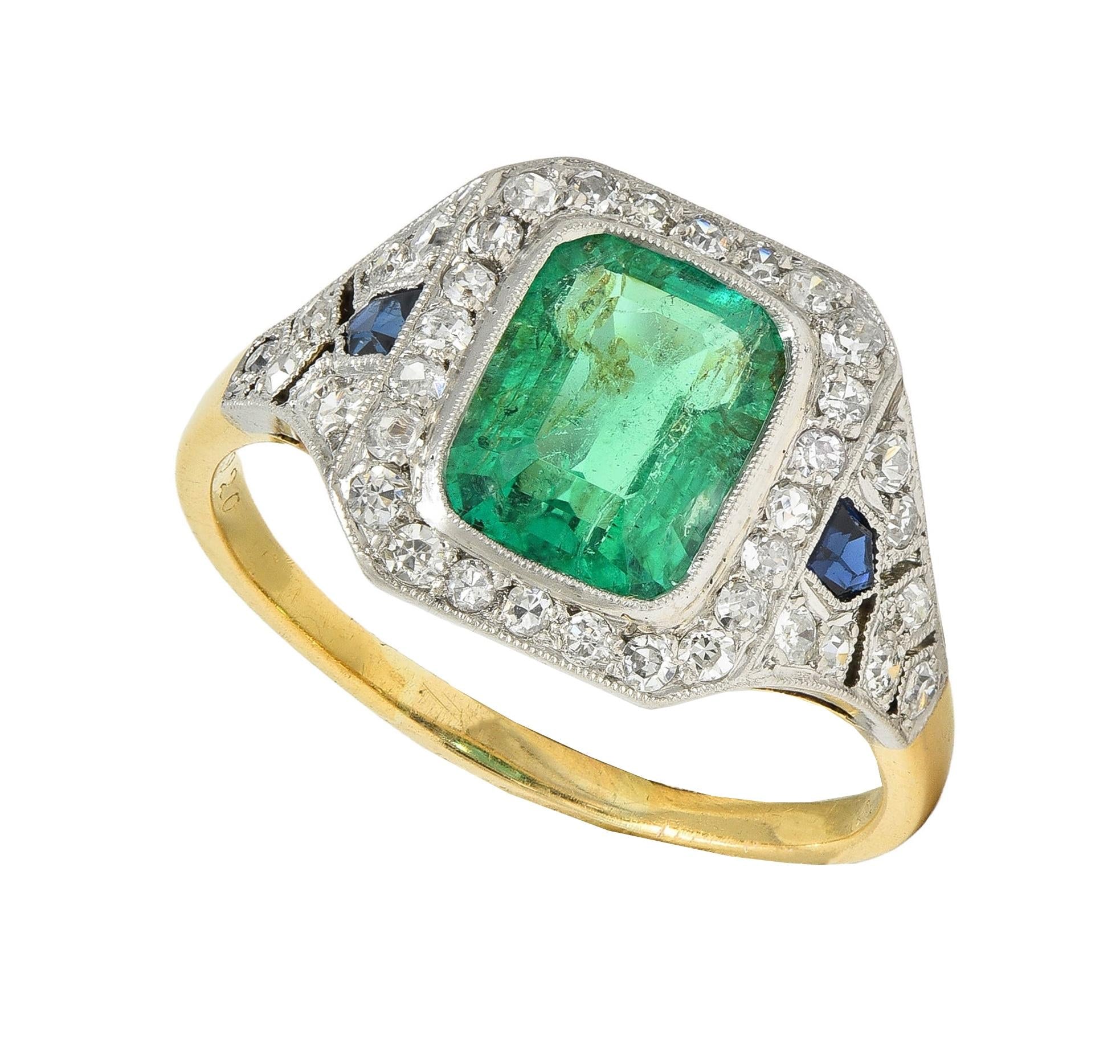 French Art Deco 1920 2.61 CTW Emerald Diamond Platinum 18K Gold Antique Ring