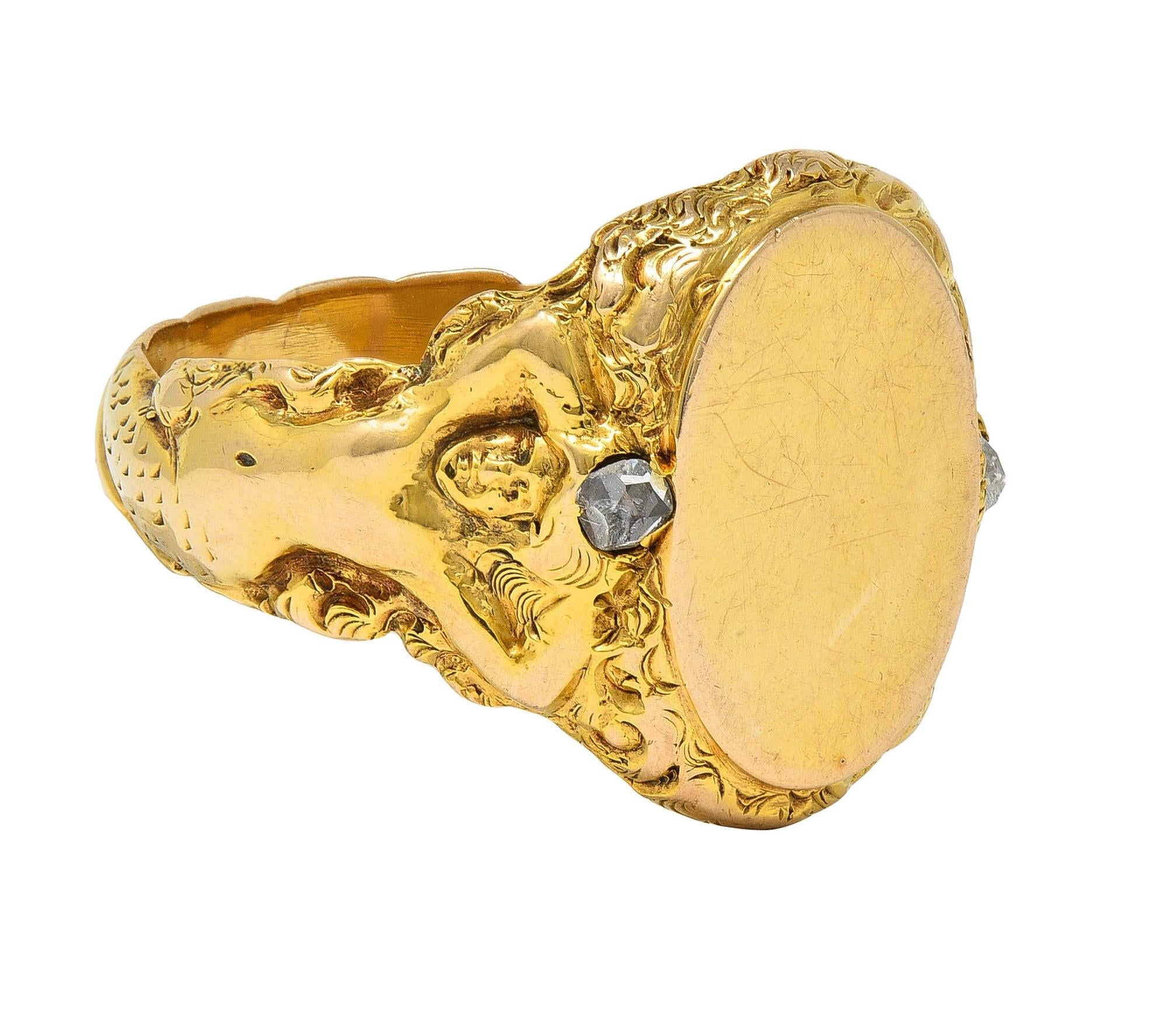 Art Nouveau Diamond 14 Karat Yellow Gold Antique Mermaid Signet Ring