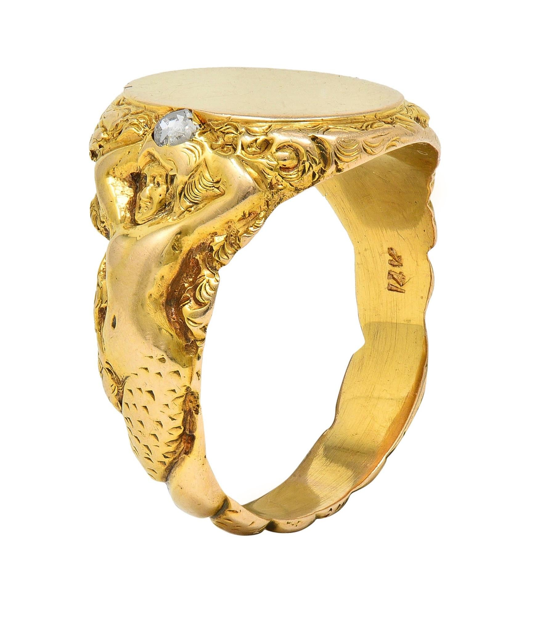 Art Nouveau Diamond 14 Karat Yellow Gold Antique Mermaid Signet Ring