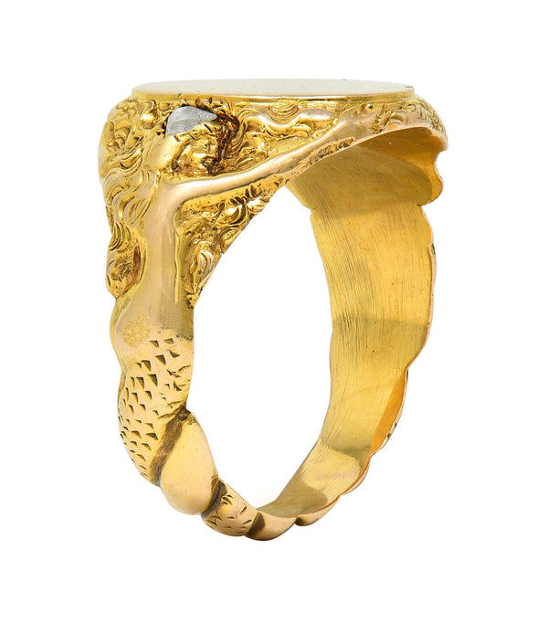 Art Nouveau Diamond 14 Karat Yellow Gold Antique Mermaid Signet Ring