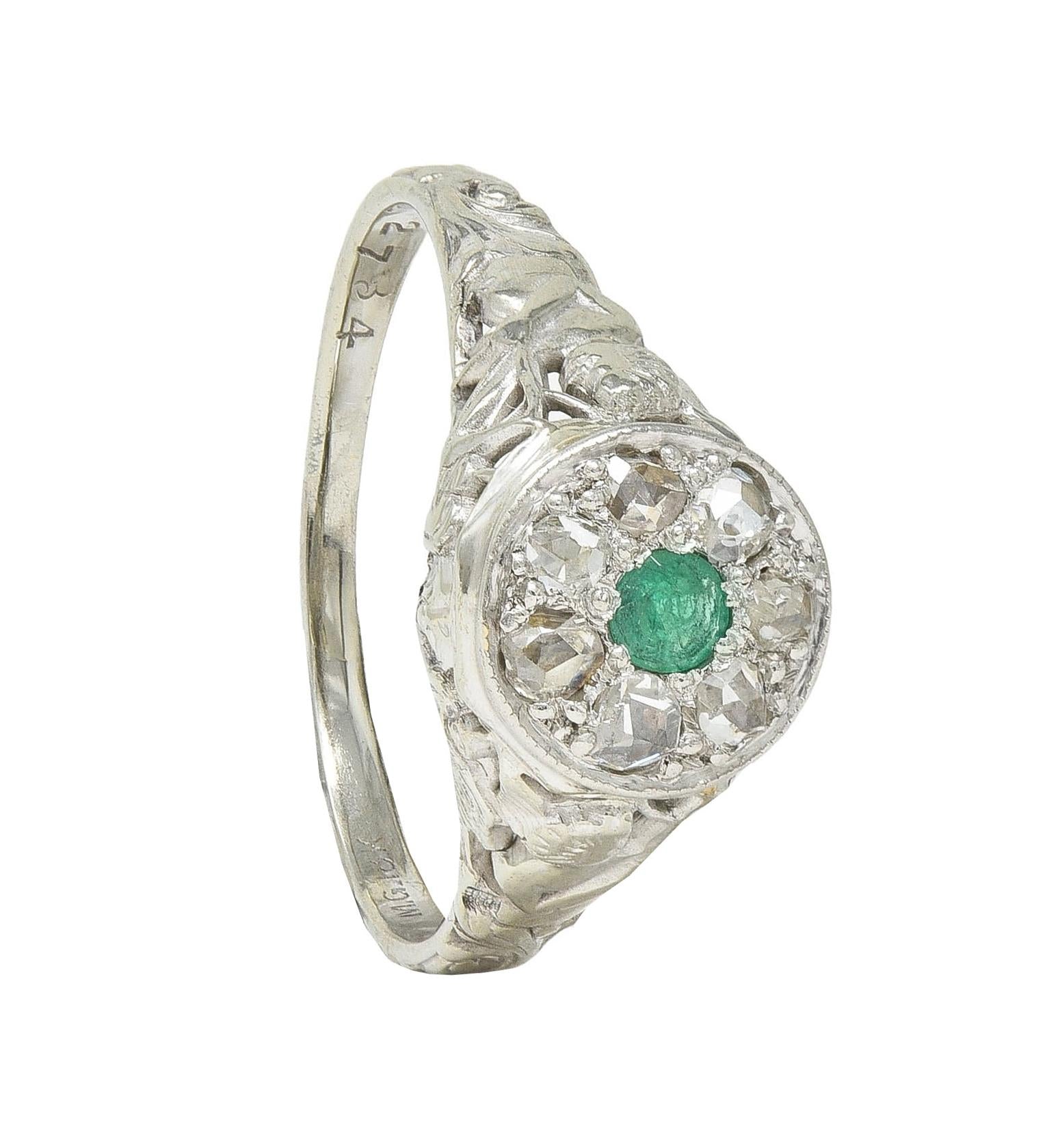 1940's Emerald Diamond 18 Karat White Gold Vintage Cupid Cluster Ring