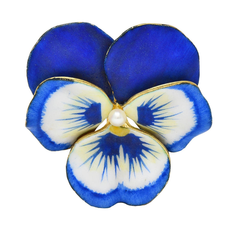 A.J. Hedges Art Nouveau Blue Enamel Pearl 14 Karat Gold Antique Pansy Brooch