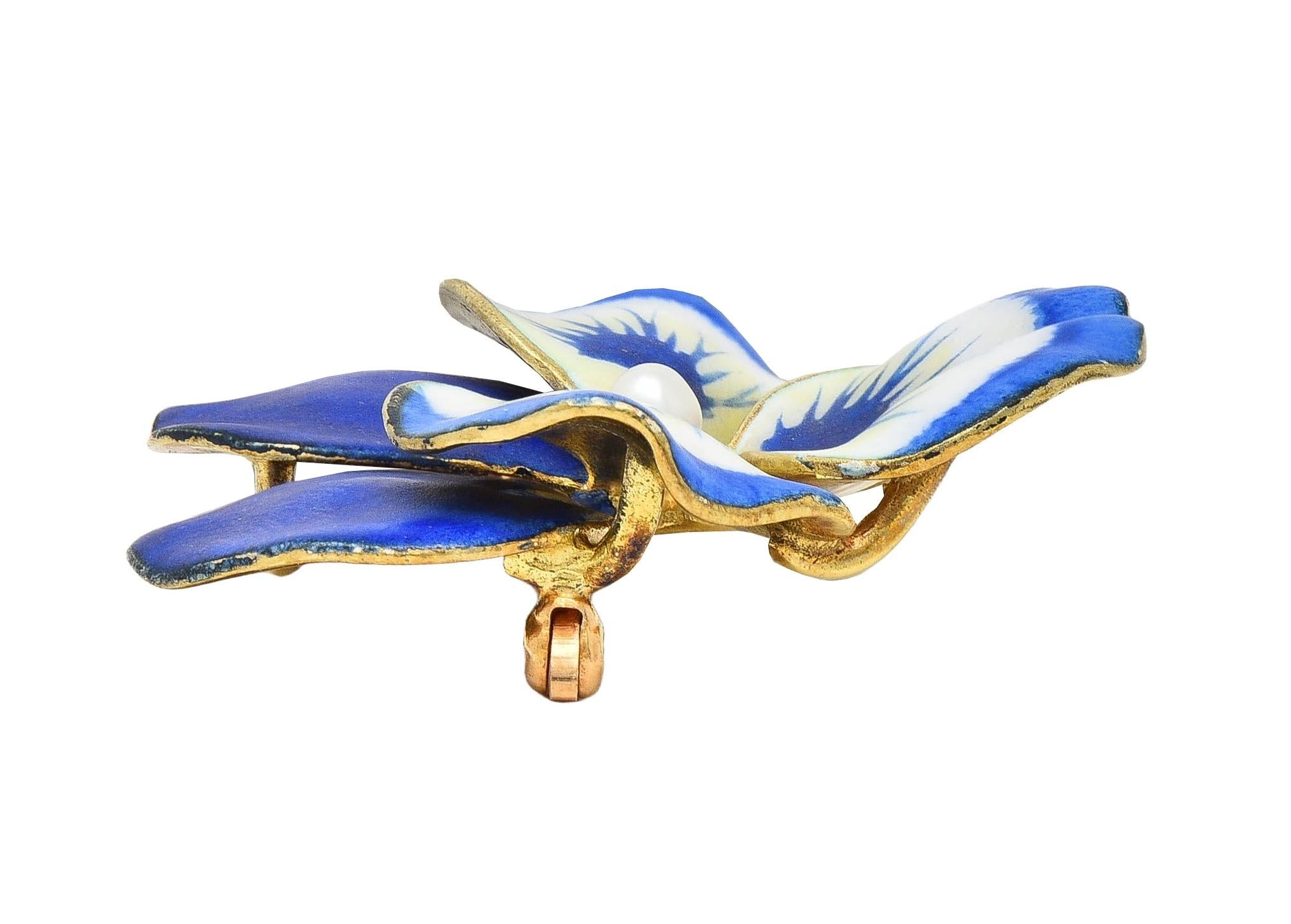 A.J. Hedges Art Nouveau Blue Enamel Pearl 14 Karat Gold Antique Pansy Brooch