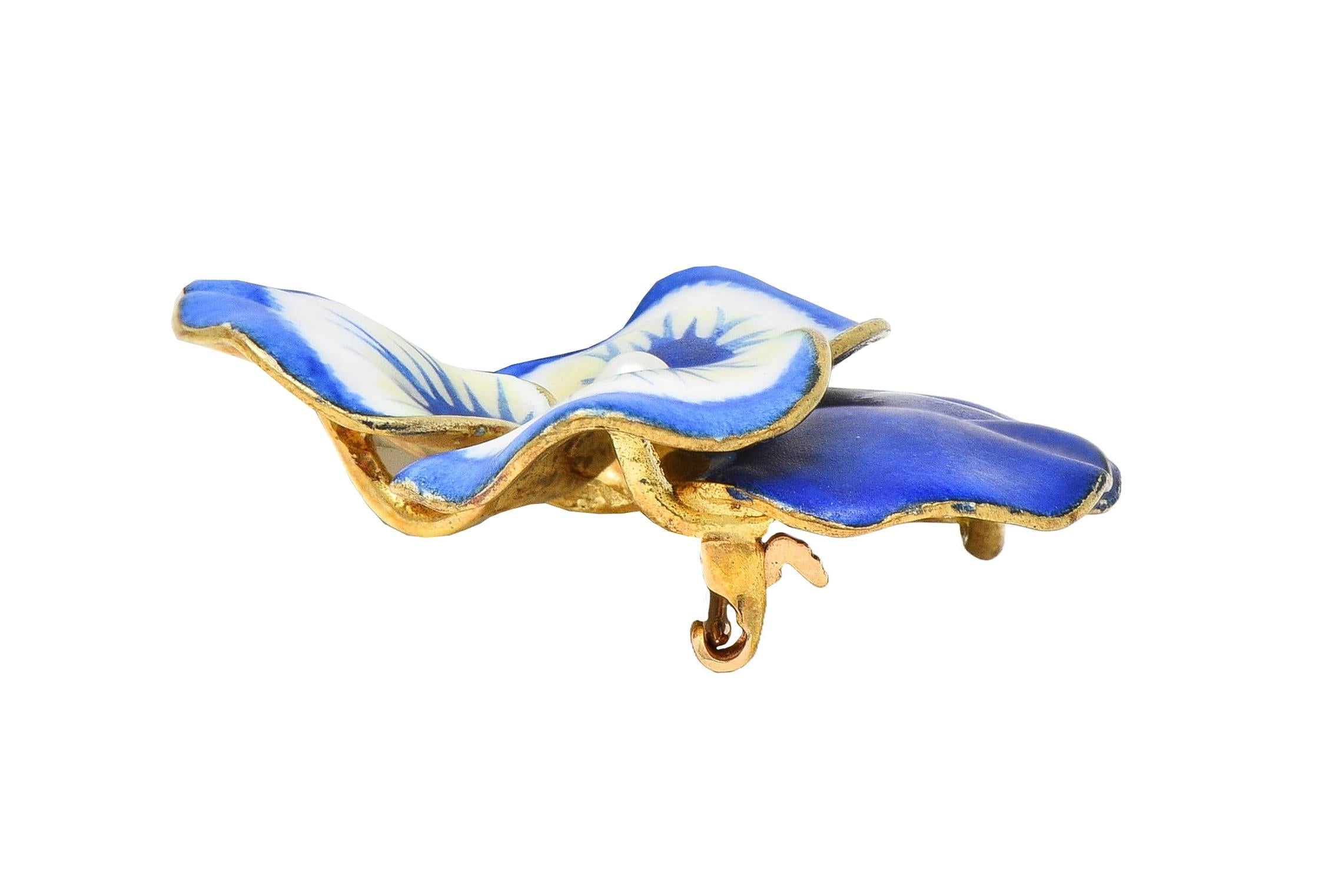 A.J. Hedges Art Nouveau Blue Enamel Pearl 14 Karat Gold Antique Pansy Brooch