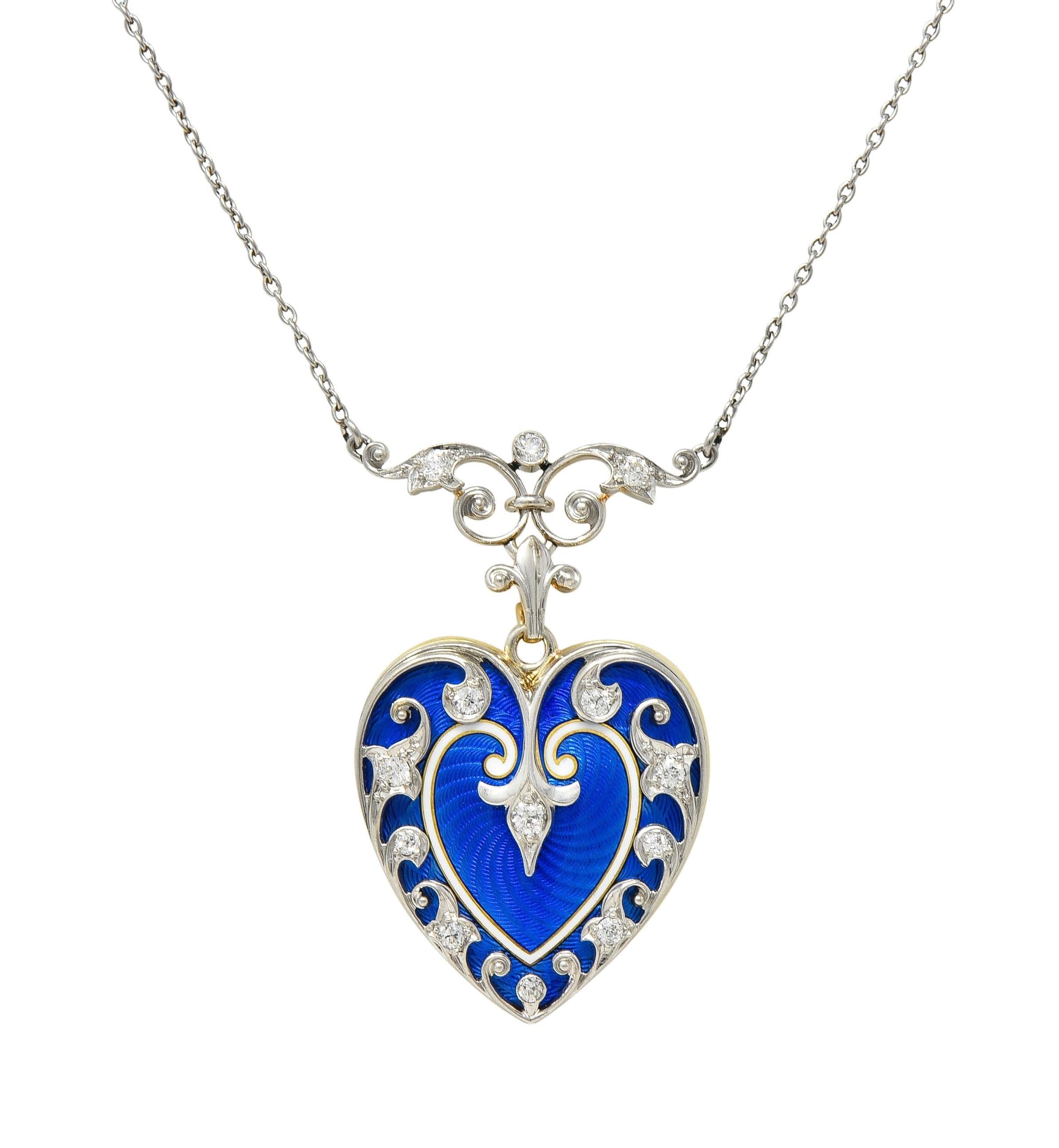 Edwardian Diamond Enamel Platinum 14K Gold Antique Heart Locket Pendant Necklace