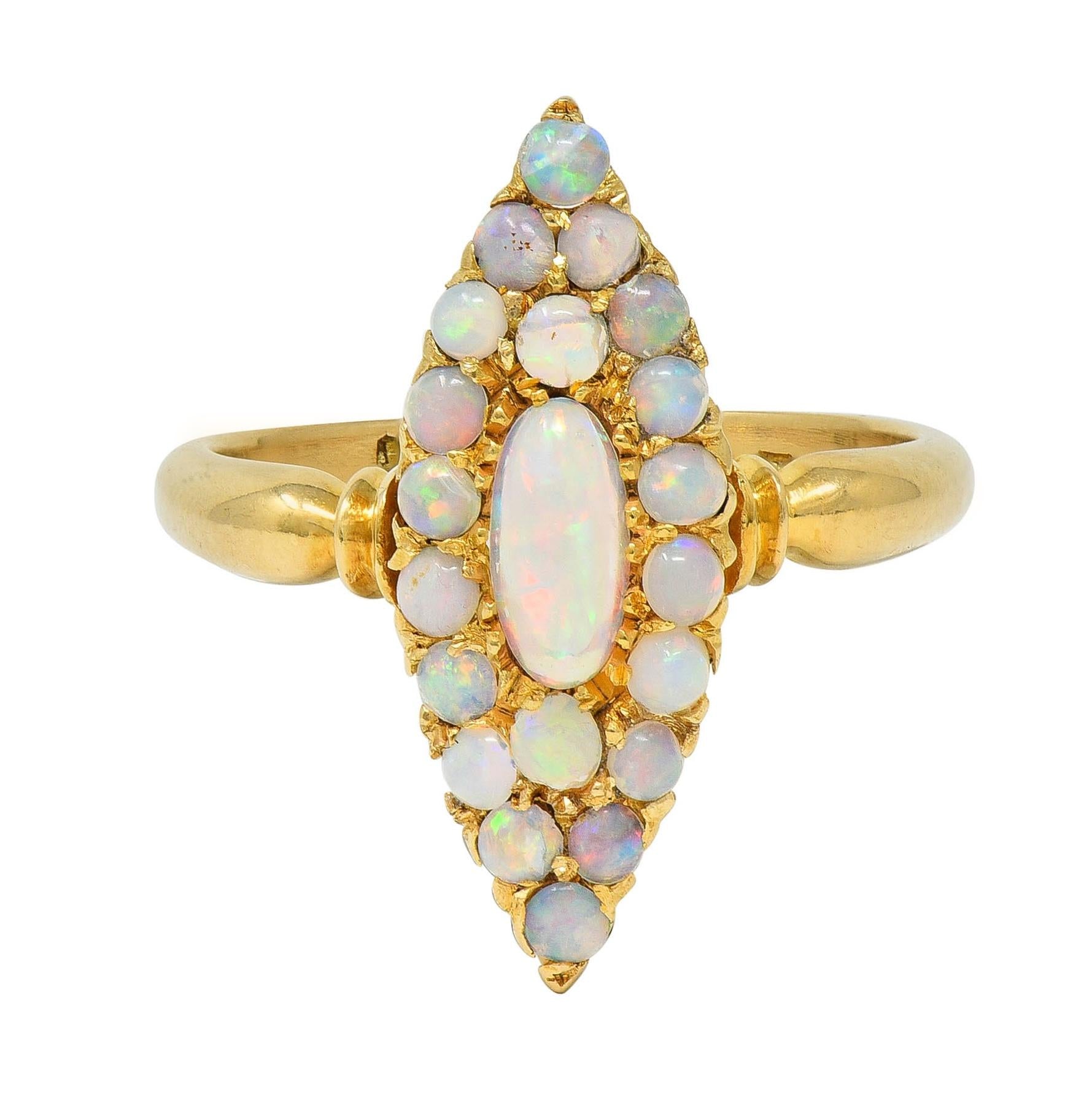 Victorian 1897 Opal Cabochon 18 Karat Yellow Gold Antique Navette Cluster Ring