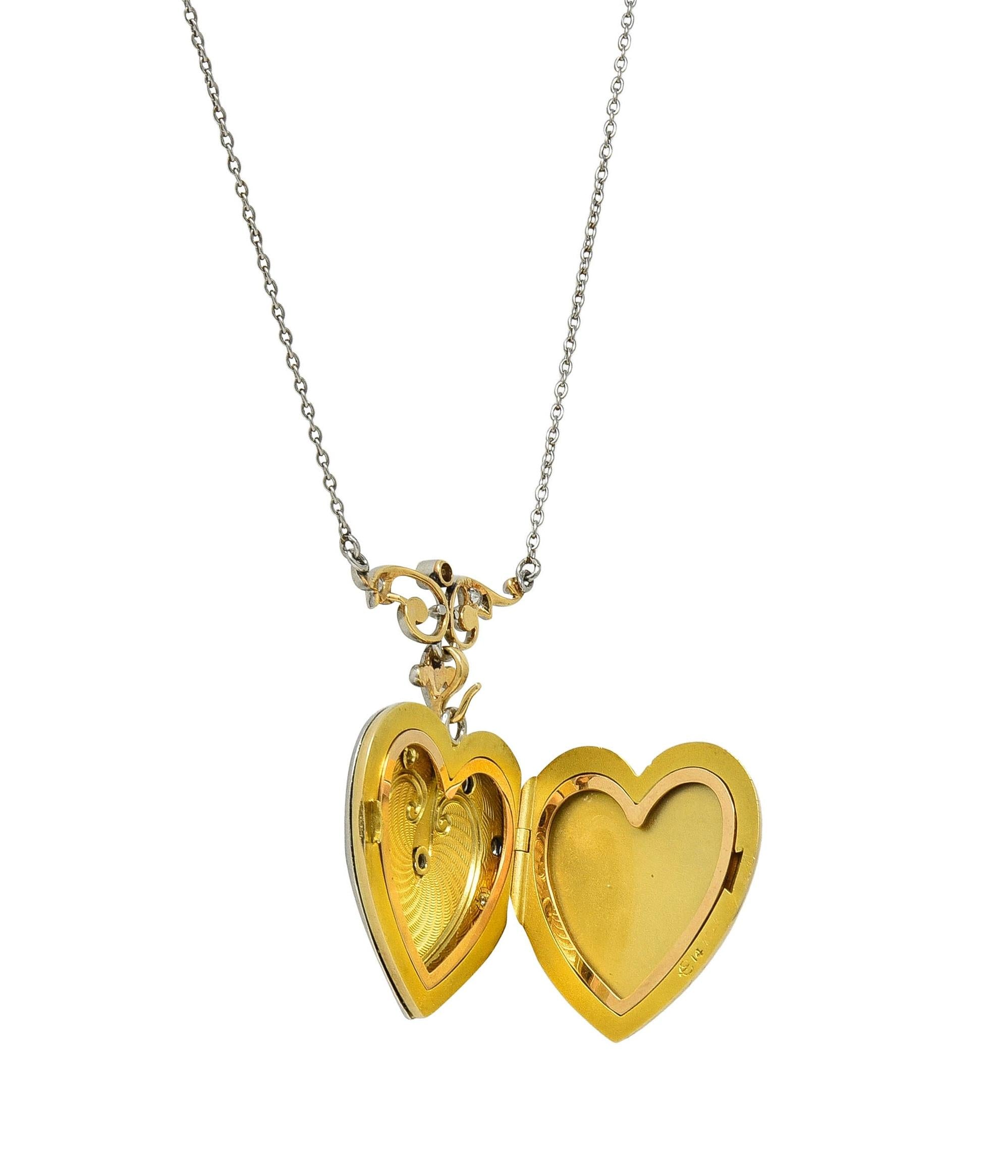 Edwardian Diamond Enamel Platinum 14K Gold Antique Heart Locket Pendant Necklace