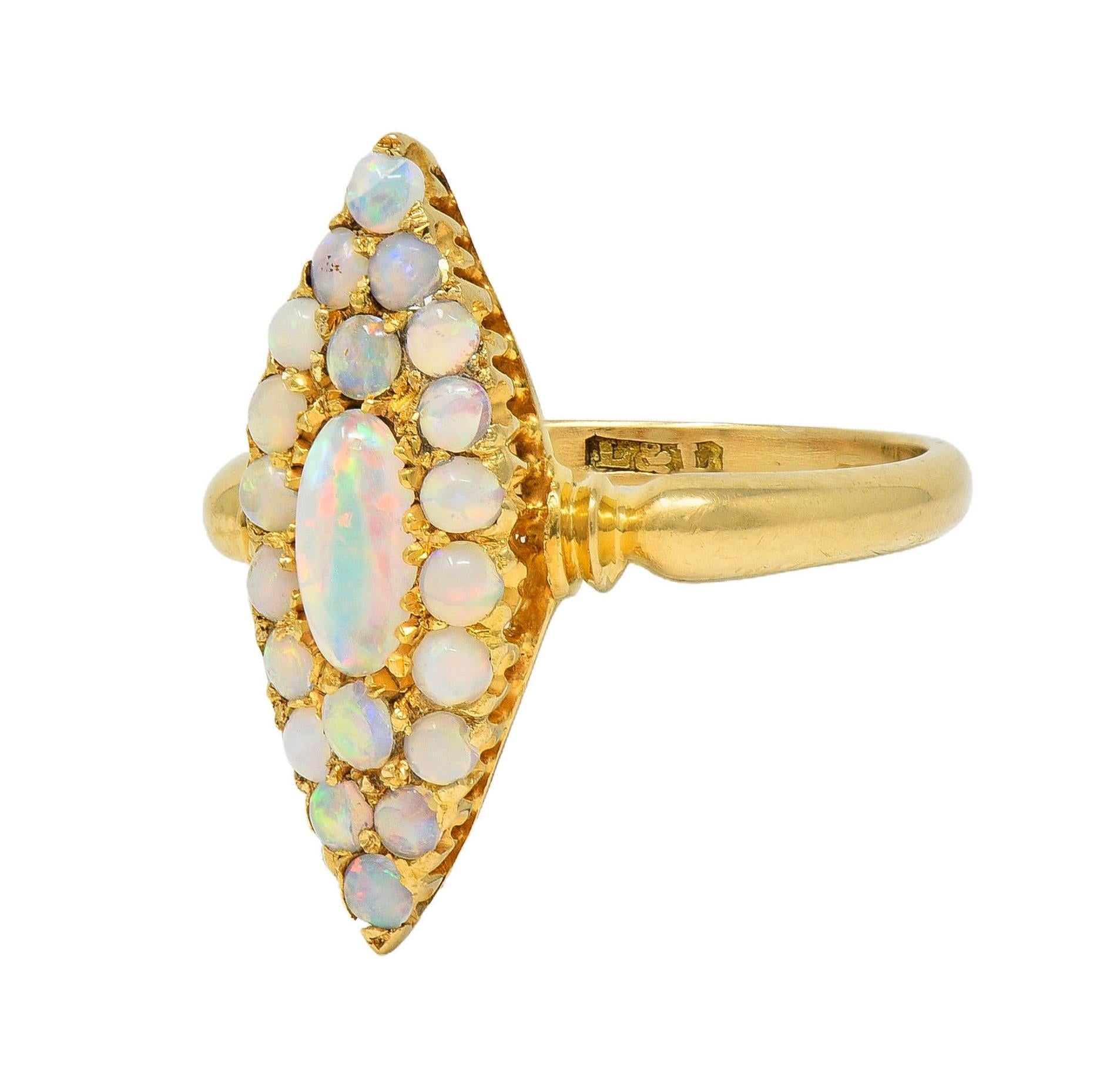 Victorian 1897 Opal Cabochon 18 Karat Yellow Gold Antique Navette Cluster Ring