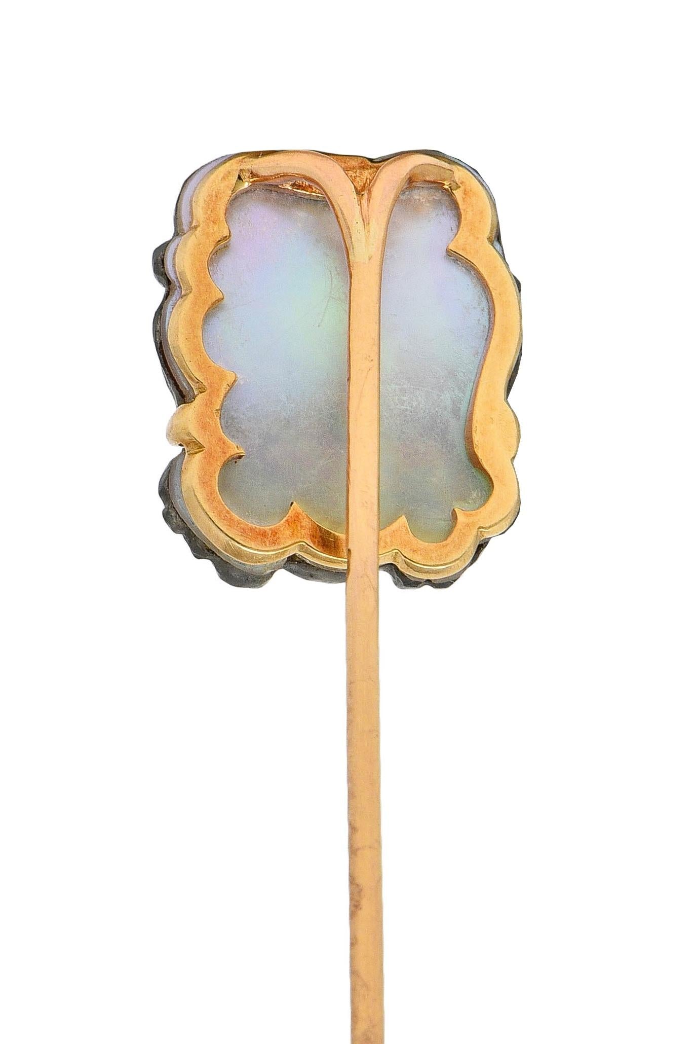 Victorian French Labradorite Mother-Of-Pearl 18K Gold Antique Pan Stickpin