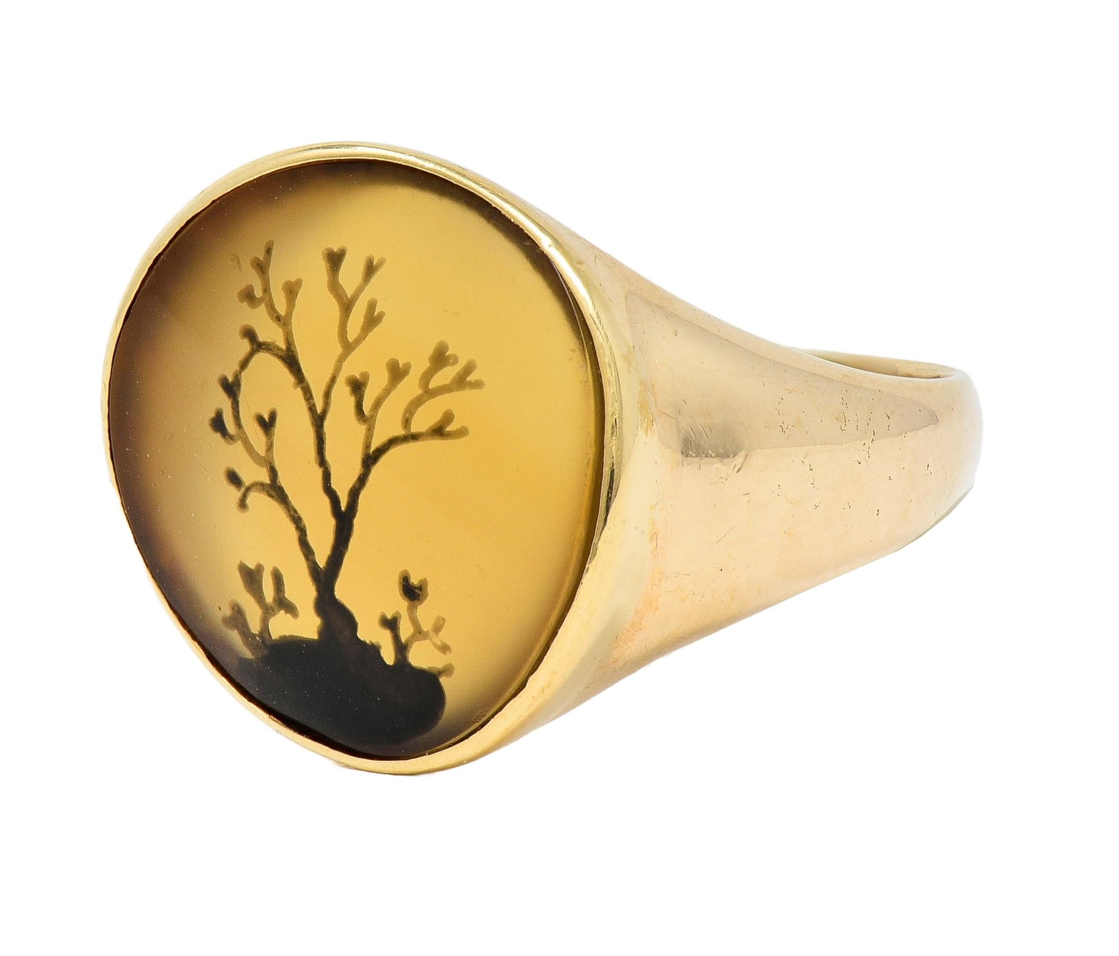 Victorian Dendritic Agate 10 Karat Yellow Gold Antique Tree Of Life Signet Ring